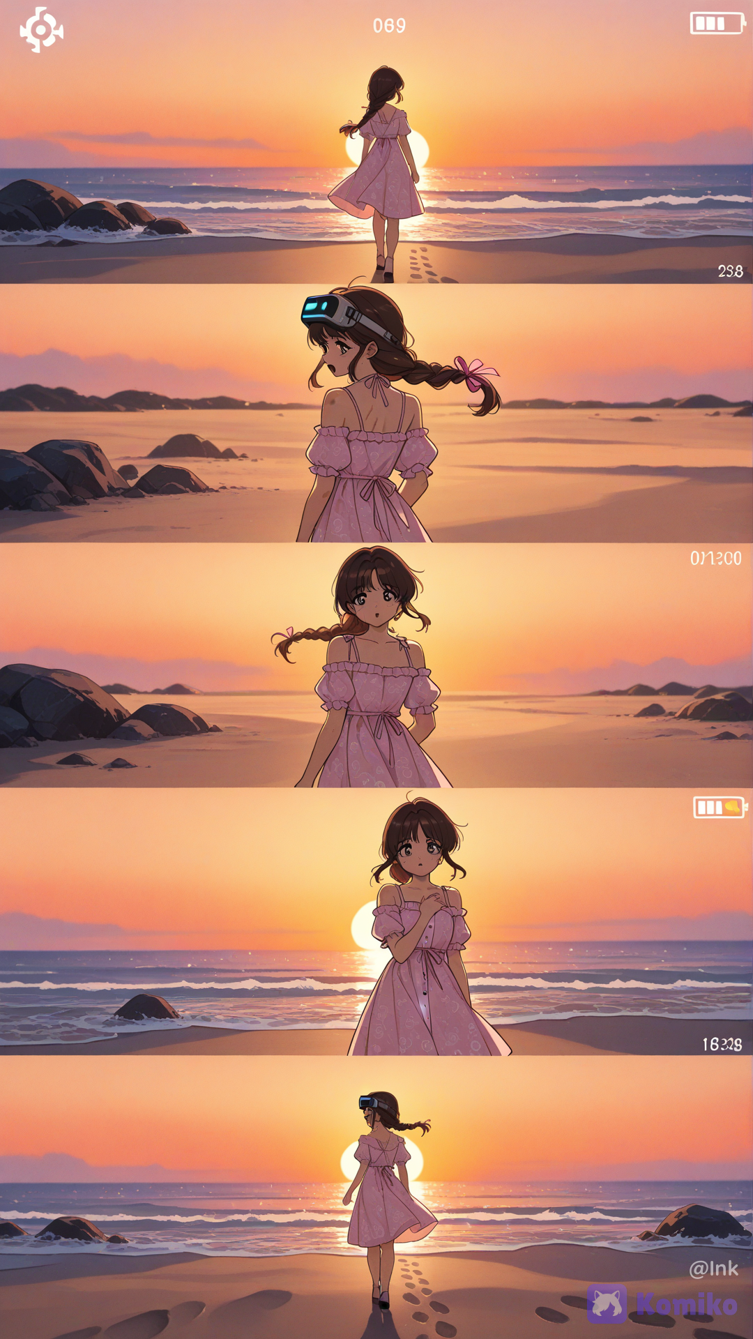 2D manga-style art with a retro film print texture. Full color. A single, multiple-figure composition showing four chronologically spaced instances of the same Japanese woman on a sunset beach. She has long brown braided hair with small pink ribbons and wears a pink floral ruffle sundress.
The sequence is as follows, all figures include clear digital time text above their heads:
1. Central Figure (18:30): Standing still with a worried expression, hand on chest.
2. Right Figure (18:35): Startled and panicked expression, hand raised near head.
3. Left Figure (18:40): Walking away slowly, looking pensive and thoughtful.
4. Far Left Figure (18:45): More distant and blurry, walking further away along the beach.
The beach background features a warm golden-orange sunset over the ocean, soft waves, and distant coastal land.
Crucial Detail: On the foreground sand, right where the central figure stands, there is a complex, clear pattern of footprints forming concentric, circular loops, indicating a time loop. Other footprints trail away in a straight line toward the distant figures.
Composition is vertical, focusing on the sequence and the loop detail.