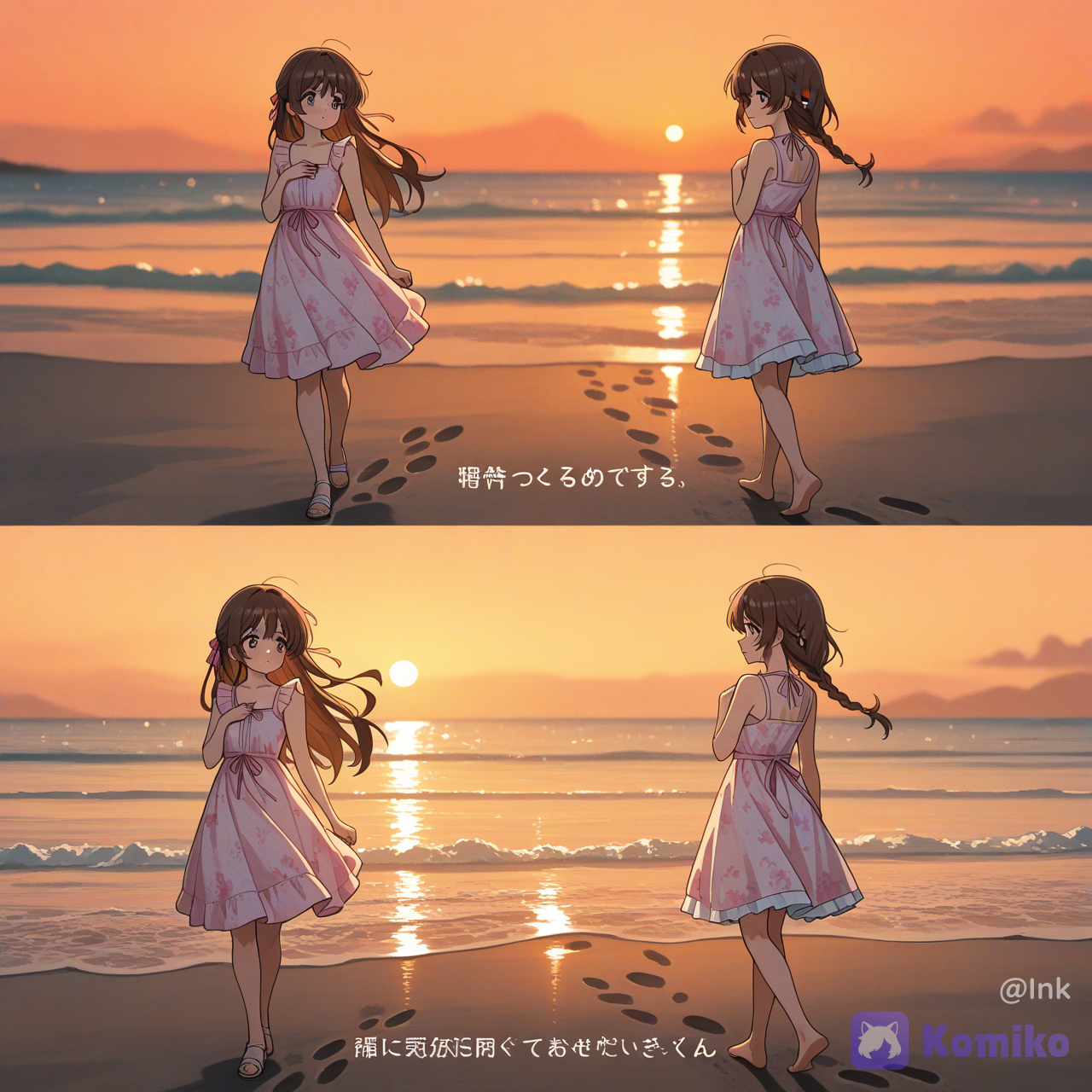 2D manga-style art with a retro film print texture. Full color. A single, multiple-figure composition showing four chronologically spaced instances of the same Japanese woman on a sunset beach. She has long brown braided hair with small pink ribbons and wears a pink floral ruffle sundress.
The sequence is as follows, all figures include clear digital time text above their heads:
1. Central Figure (18:30): Standing still with a worried expression, hand on chest.
2. Right Figure (18:35): Startled and panicked expression, hand raised near head.
3. Left Figure (18:40): Walking away slowly, looking pensive and thoughtful.
4. Far Left Figure (18:45): More distant and blurry, walking further away along the beach.
The beach background features a warm golden-orange sunset over the ocean, soft waves, and distant coastal land.
Crucial Detail: On the foreground sand, right where the central figure stands, there is a complex, clear pattern of footprints forming concentric, circular loops, indicating a time loop. Other footprints trail away in a straight line toward the distant figures.
Composition is vertical, focusing on the sequence and the loop detail.
