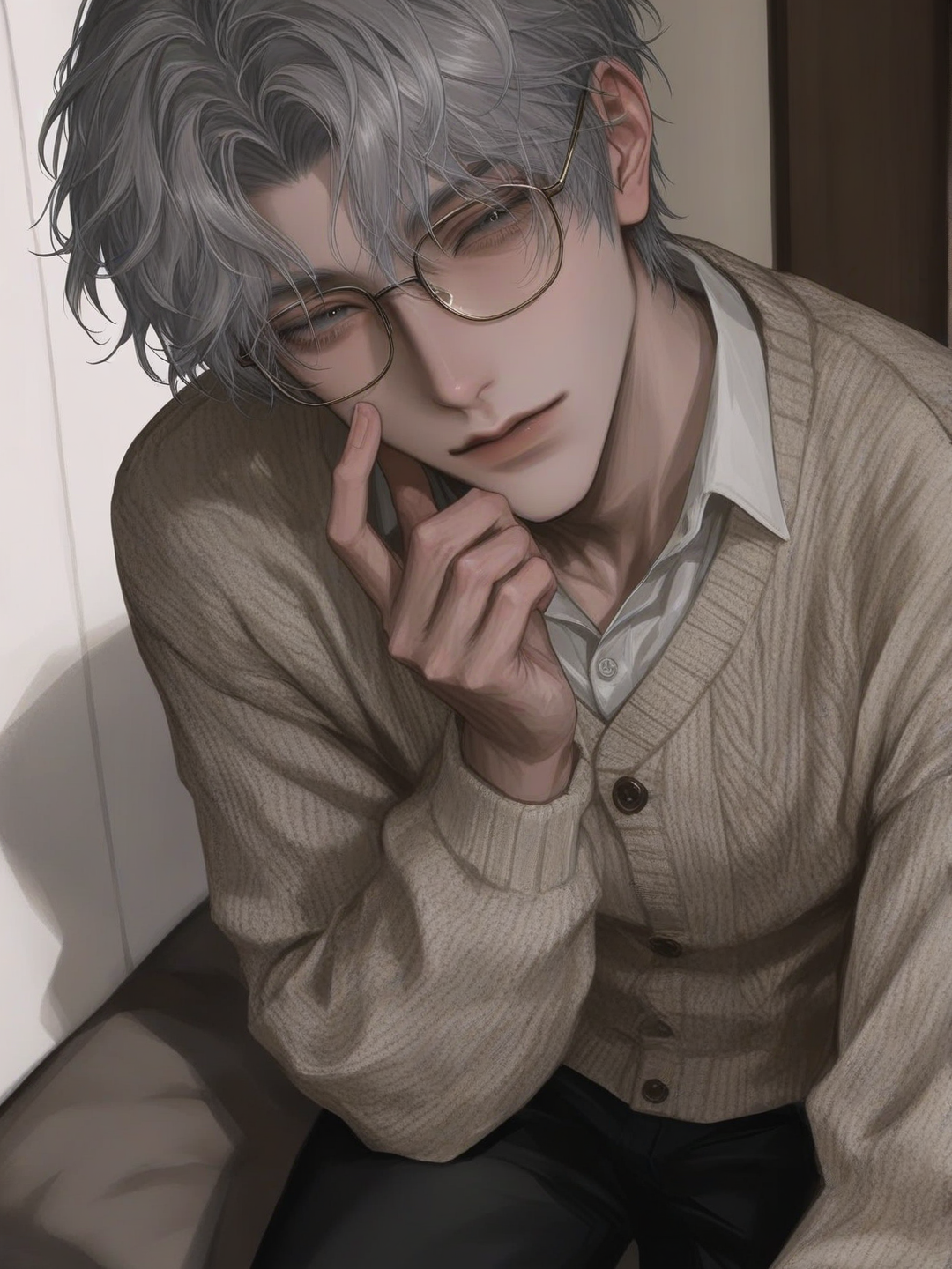 [silky-radiance-style], 1boy, mature, athletic, tall, gray eyes, gray hair, short hair, curly hair, tan skin, dimple, glasses, knitted cardigan, casual pants