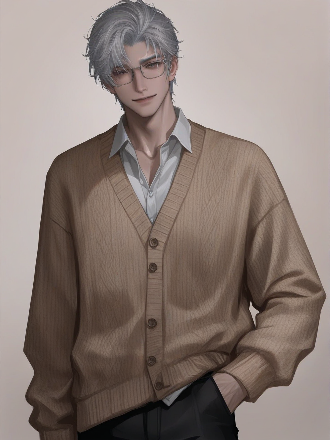 [silky-radiance-style], 1boy, mature, athletic, tall, gray eyes, gray hair, short hair, curly hair, tan skin, dimple, glasses, knitted cardigan, casual pants