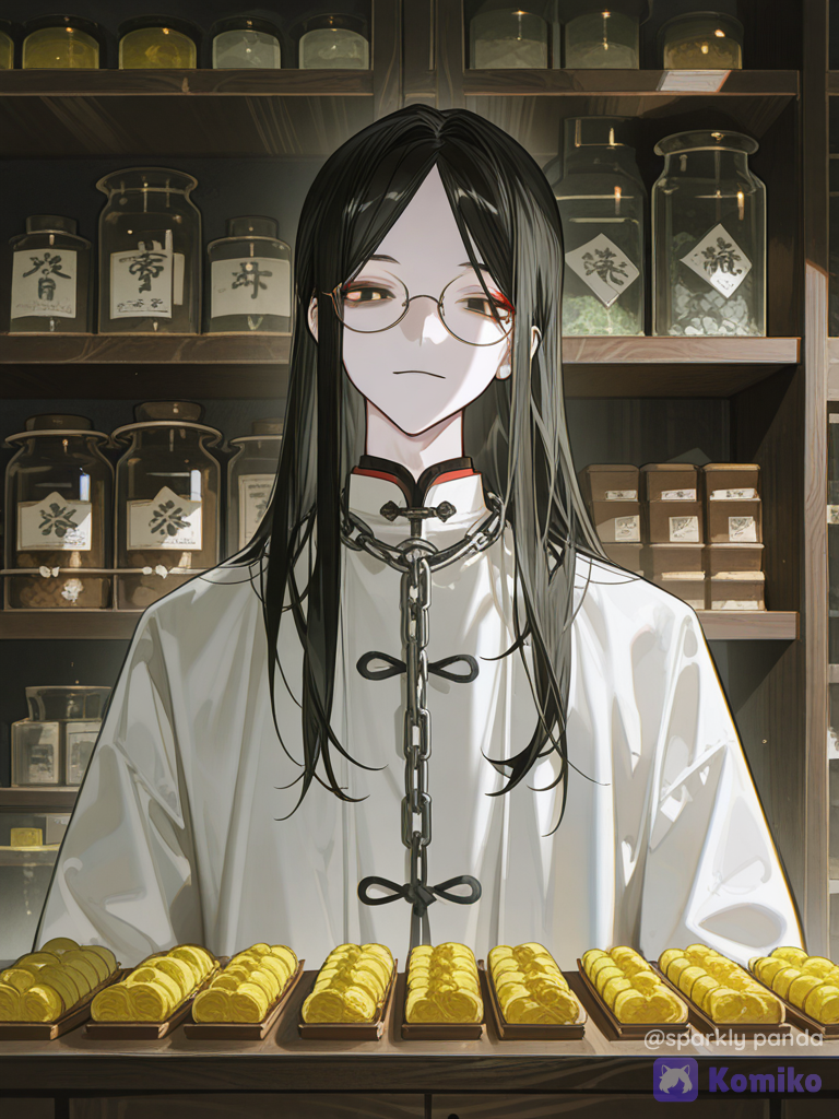 [high-gloss-illustration-style], Handsome 30 years old Chinese doctor looking like Baizhu from Genshin Impact, pale, narrow face, long black hair, yellow cunning eyes, glasses with a hanging, the outer corners of the eyes are slightly colored red.
Background - ancient Chinese pharmacy with herbs, 1boy, looking at viewer