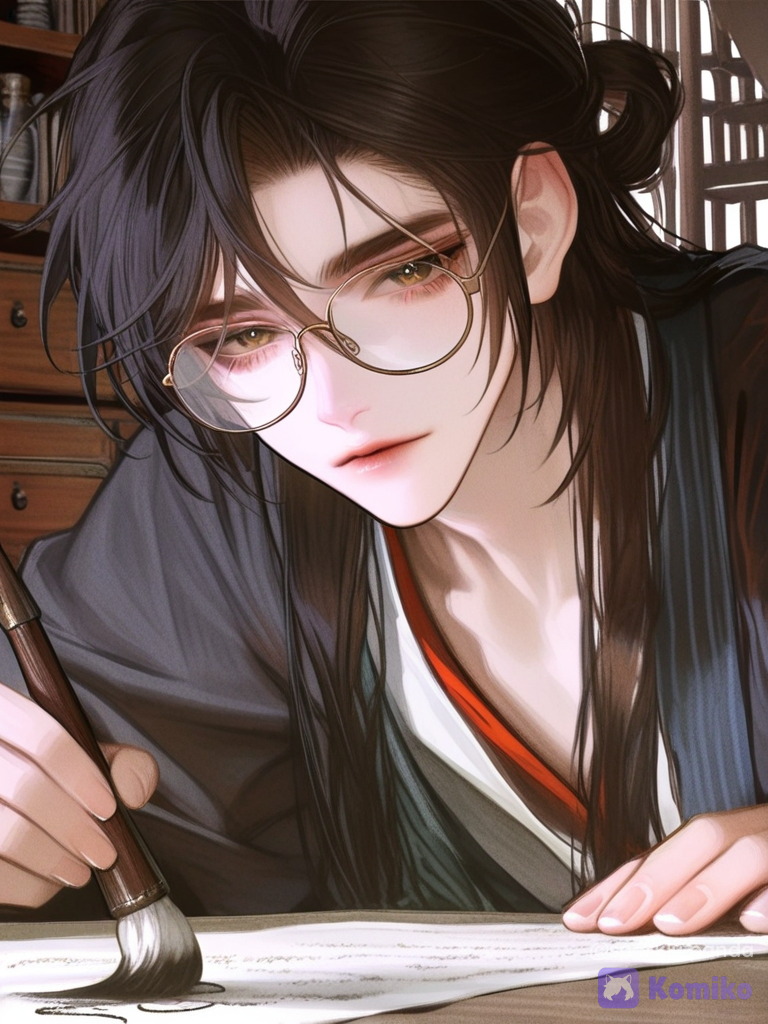 [semi-realistic-portrait-style], Handsome 30 years old Chinese doctor looking like Baizhu from Genshin Impact, pale, narrow face, long black hair, yellow cunning eyes, glasses with a hanging, the outer corners of the eyes are slightly colored red. Writing a recipe with a brush with ink. Dull colors, dark kimono, Herbs
Background - ancient Chinese pharmacy with herbs, 1boy, looking at viewer