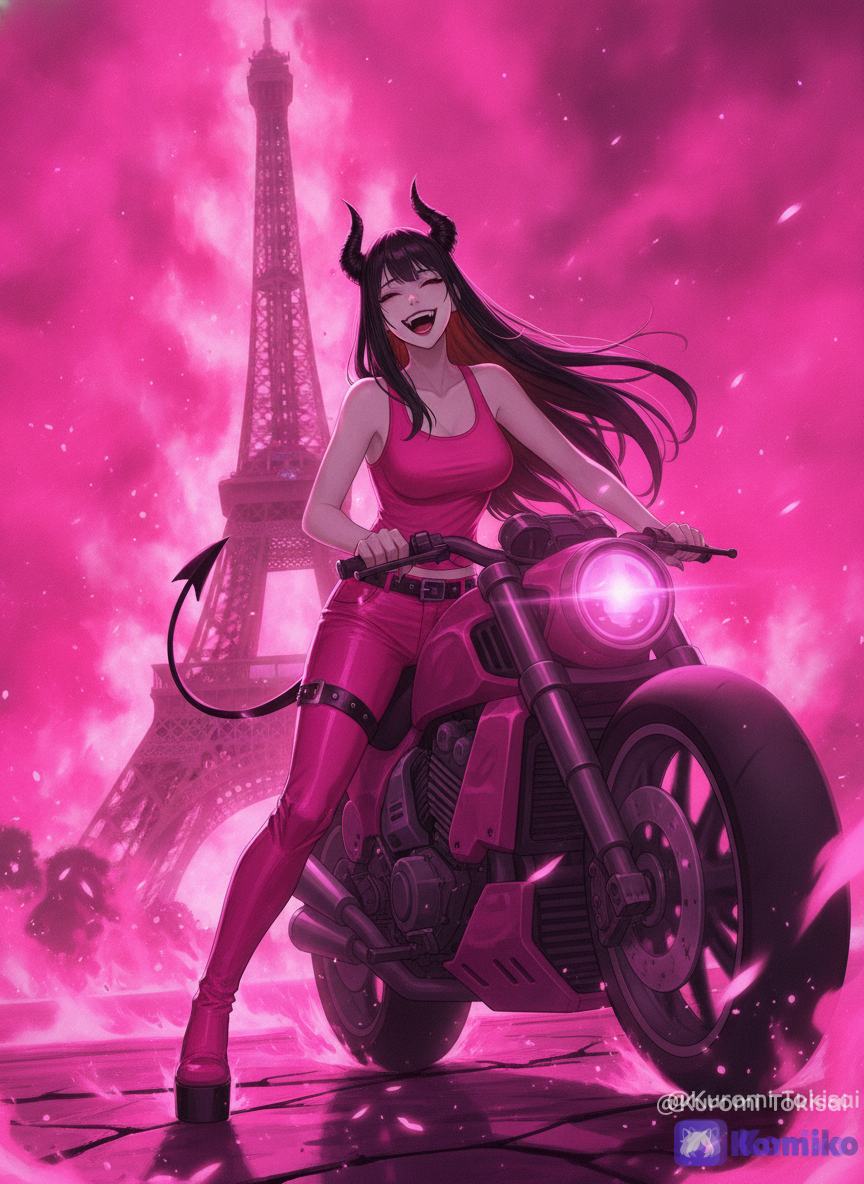 @jack-byron-dYVK,pink tank top,pink leather pants, pink platform boots,smirk, smile, laughing,riding motorbike, cowboy shot, looking at viewer, flickering light, glowing particles,pink fire,Eiffel Tower background