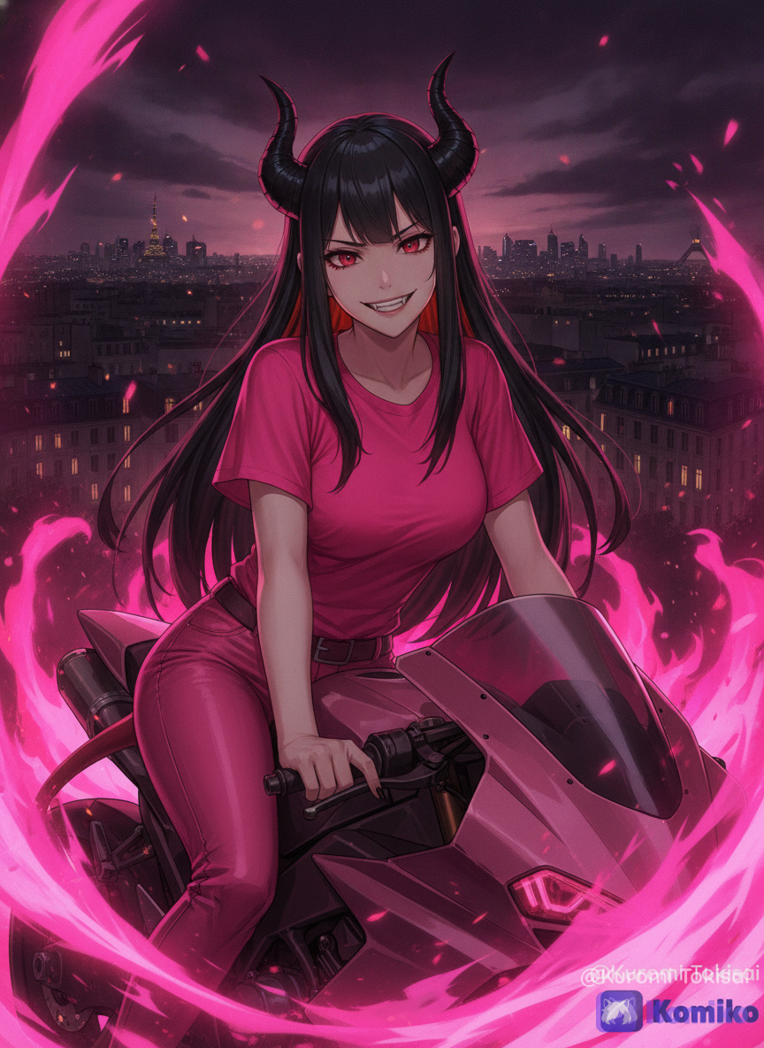 @jack-byron-dYVK,pink shirt,pink leather pants,smirk, smile,riding motorbike, portrait, upper body, looking at viewer, flickering light, glowing particles,pink fire,Paris background