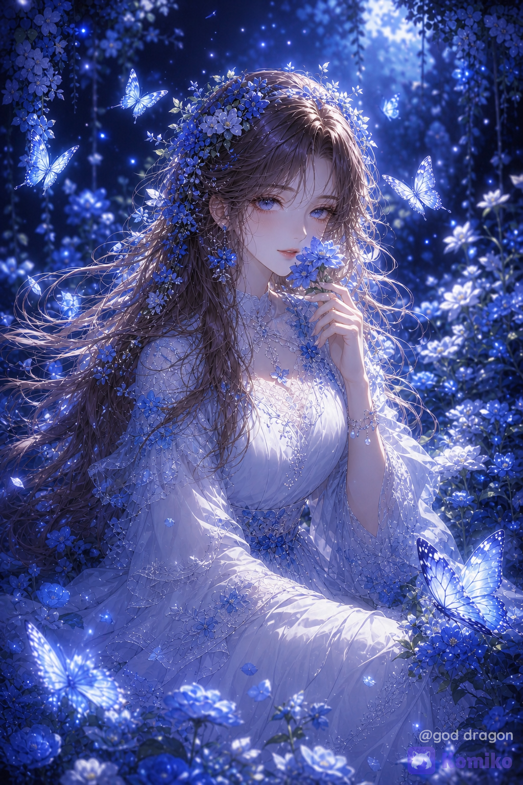 @fors-wall-jqjI, absurdres, ultra-extremely cinematic fantasy anime illustration, breathtaking ethereal atmosphere, elegant romantic fantasy aesthetic, dreamy luminous mood, sophisticated anime rendering, highly polished artwork, intricate details, beautiful painterly rendering, soft magical lighting, stunning visual harmony, 1 character, 1girl, solo, adult woman, Fors Wall, Lord of the Mysteries, beautiful elegant fantasy woman, graceful and mysterious appearance, delicate refined facial features, fair porcelain-like skin, expressive bright blue eyes, gentle dreamy expression, peaceful charming gaze, long flowing brown hair with soft silvery highlights, voluminous wavy hair, elegant layered bangs, delicate loose strands framing her face, silky hair, graceful feminine hairstyle, small blue and white flower crown resting naturally on her hair, wearing an elegant white fantasy dress, beautiful flowing design, delicate lace details, intricate floral embroidery, layered white fabric, graceful long sleeves, refined blue decorative accents, elegant high-quality fantasy clothing, delicate pearl bracelet, small floral accessories, sitting peacefully in a beautiful magical flower garden, surrounded by countless blue and white flowers, lush dreamy vegetation, glowing blue blossoms, delicate flower petals floating through the air, several beautiful luminous butterflies surrounding Fors, translucent pale-blue butterfly wings, elegant white and blue butterflies, soft magical glow, butterflies flying around her hair and shoulders, one delicate butterfly resting nearby, Fors gently holding a beautiful blue-white flower near her face, peaceful affectionate expression, natural relaxed posture, appreciating the flower, elegant hands with anatomically correct fingers, deep blue nighttime garden background, soft moonlight filtering through the flowers, subtle sparkling particles, magical glowing atmosphere, dreamy bokeh, luminous blue highlights, gentle mist, ethereal fantasy scenery, three-quarter portrait composition, medium shot, slightly elevated perspective, centered character, natural elegant pose, face, expressive blue eyes, intricate hair strands, highly flowers, butterflies and lace, soft depth of field, ethereal blue-and-white color palette, dreamy fantasy atmosphere, delicate romantic elegance, magical garden aesthetic, soft luminous glow, cinematic composition, beautiful atmospheric depth, polished anime artwork. negative prompt: low quality, worst quality, blurry, pixelated, bad anatomy, distorted face, asymmetrical eyes, malformed eyes, extra eyes, malformed hands, extra fingers, missing fingers, fused fingers, extra arms, extra limbs, duplicate body parts, duplicate character, multiple characters, child, young-looking character, distorted anatomy, messy composition, text, watermark, logo, signature