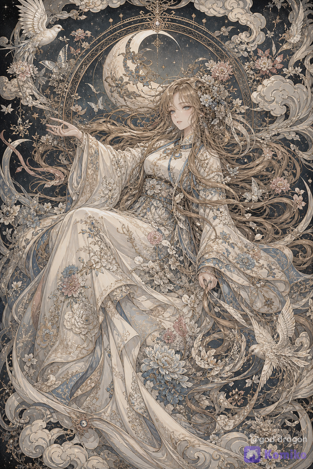 @fors-wall-jqjI, absurdres, ultra-extremely breathtaking fantasy anime illustration, luxurious oriental Art Nouveau aesthetic, elegant Japanese-inspired fantasy artwork, intricate decorative composition, highly ornamental illustration, delicate linework, beautiful painterly rendering, sophisticated vintage fantasy atmosphere, muted ivory, cream, silver, pale blue and soft rose color palette, harmonious monochromatic composition, exquisite floral ornamentation, high resolution, 1girl, solo, single female character, Fors Wall, elegant young adult woman, beautiful refined facial features, delicate feminine face, pale porcelain skin, soft blue eyes, calm mysterious expression, slightly dreamy gaze, graceful and ethereal presence, long flowing light brown hair with subtle golden highlights, extremely long hair, silky voluminous hair flowing dramatically around her body, loose elegant strands floating through the air, intricate floral hair ornaments, delicate flowers woven into her hair, wearing an elaborate long ivory-white fantasy dress inspired by traditional oriental robes, luxurious layered fabric, flowing wide sleeves, elegant high collar, intricate embroidered floral patterns, delicate lace, golden ornamental details, pale blue and dusty rose floral embroidery, translucent fabric layers, ornate waist sash, decorative ribbons flowing in the wind, sophisticated aristocratic fantasy clothing, Fors seated gracefully in the center of the composition, elegant relaxed posture, one hand gently extended outward, the other resting near her body, surrounded by swirling mystical clouds, her long hair and robes merging with the flowing ornamental background, vast swirling clouds surrounding the entire composition, elaborate spiral cloud motifs, stylized oriental clouds, countless delicate flowers scattered throughout the scene, chrysanthemums, plum blossoms and small white flowers, floral vines intertwining with the character and clothing, symbolic mystical creatures surrounding Fors, elegant white and silver butterflies, small magical birds flying through the clouds, subtle celestial motifs, delicate feathers, ornamental moon shapes, tiny stars and floating petals, large decorative circular halo behind Fors, thin elegant golden ring, intricate celestial ornamentation, subtle mystical symbols integrated into the background, moon and stars surrounding the halo, dramatic flowing composition, character occupying the central area, extremely long hair spreading across the entire image like waves, ornamental elements filling every empty space, balanced symmetrical decorative composition, intricate borders and motifs, visual harmony, dark charcoal and muted gray background contrasting with the luminous ivory clothing, subtle antique paper texture, vintage Japanese illustration feeling, elegant Art Nouveau curves, flowing organic shapes, elaborate botanical ornamentation, decorative poster composition, sophisticated fantasy illustration, soft diffused lighting, subtle luminous highlights, delicate shadows, ethereal atmosphere, mystical celestial ambience, refined color grading, extremely fabric texture, highly embroidery, intricate hair strands, beautiful floral details, polished anime rendering, breathtaking composition, quality