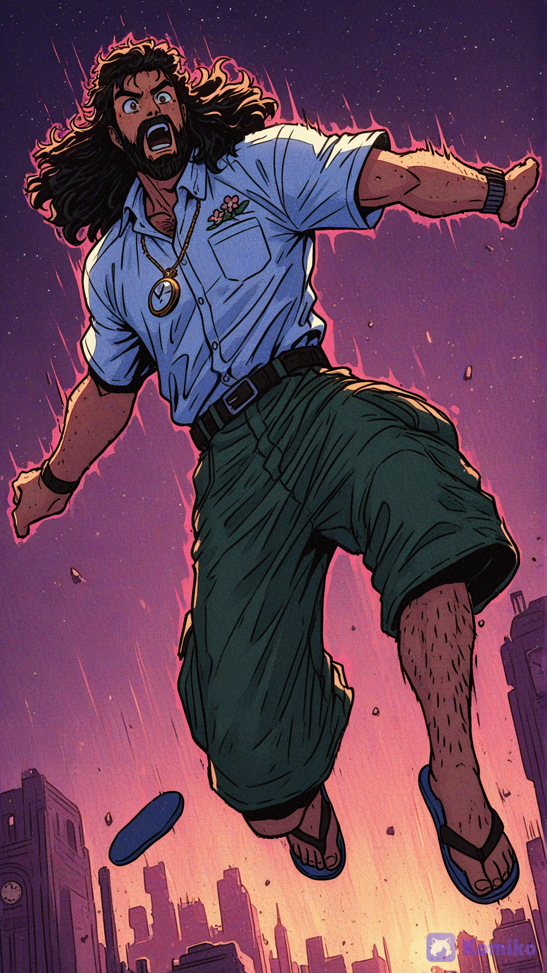 @baron-al-fonso-EBuN, Full-color, highly dynamic anime illustration in a manga panel style. A middle-aged Japanese man with messy shoulder-length black hair and a prominent mustache, a look of utter surprise and confusion on his face, is falling or floating through a complex, swirling cosmic time vortex. He is captured in a dynamic floating pose, with one leg bent as if kicked out and one arm outstretched. He wears a simple white polo shirt with a small floral pin on the pocket, olive-green cargo shorts, dark flip-flops, and a black wristwatch on his left wrist. The background is a powerful, vibrant, colorful time vortex spiral (deep blues, purples, golds). Thousands of clocks of all kinds (pocket watches, wall clocks, wristwatches, digital) are spiraling and falling around him. Specific years and numbers are integrated into the falling debris: '1969', '2142', '1507', and numbers '1', '3', '4', '5', '9'. Visible era labels are among the clocks: 'ANCIENT', 'RENAISSANCE', and 'JURASSIC'. Tiny fragments of historical and futuristic structures are visible in the deep vortex. Vibrant, colorful energy aura around the man and the spiral, high-speed motion lines. Dramatic lighting., [action-manga-style]