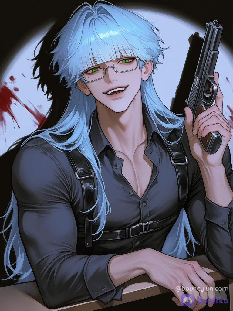 [polished-illustration-style], 1boy, long, light blue hair and blunt bangs. Narrow green eyes. Colon like beauty marks beneath the corner of his left eye. Light tan skin. Toned frame. Cunning smile. Rectangular shaped glasses. staring coldly at the viewer. Dark glint in his eye. Dark, long sleeve buttoned down shirt, chest harness, one hand leaning against the edge of the table, while his other hand loosely holds a gun., front profile photo, upper body, ominous lighting, dark, bloodied background