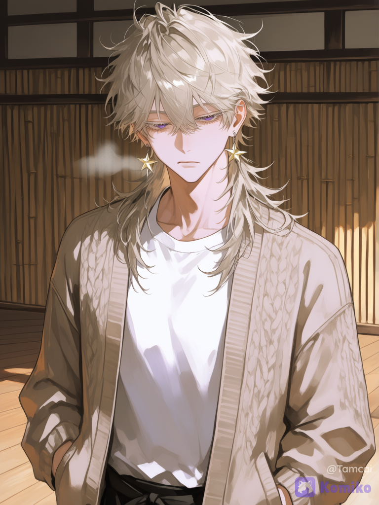[high-contrast-manhwa-style], 1boy. long, chopped and shaggy silver blonde hair that reaches his waist. His bangs hang low over his purple eyes,. His eyes are downturned, half lidded eyes, making him look a bit drowsy like despite being wide awake. He also has long lashes. has soft looking, milky white skin. Lean and toned body. Has dangling star earrings. Plain white shirt, and comfortable khaki knitted cardigan, cold expression., expressionless. Eyes looking coldly at the viewer in a cold glare., hands in pockets, upper body. Dojo background.