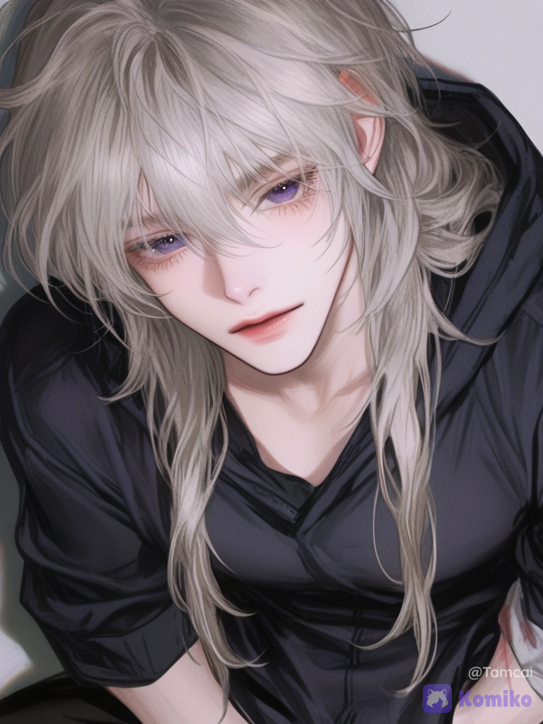 [semi-realistic-portrait-style], 1boy.naturally feminine face with soft, delicate features, long eyelashes, and an almost ethereal quality. Long, silver blond hair that reaches his waist. His silver-blonde hair frames his face messily, while his deep purple eyes tend to appear calm and almost gentle when he is relaxed. muscular without being excessively bulky, His skin is covered in deep scars and uneven areas of damaged skin,especially on his arms and neck. Dark, over sized hoodie with the sleeves rolled up to his elbows., hands in pockets, leaning against wall, expressionless, upper body, looking at viewer, stormy sky, ethereal lighting