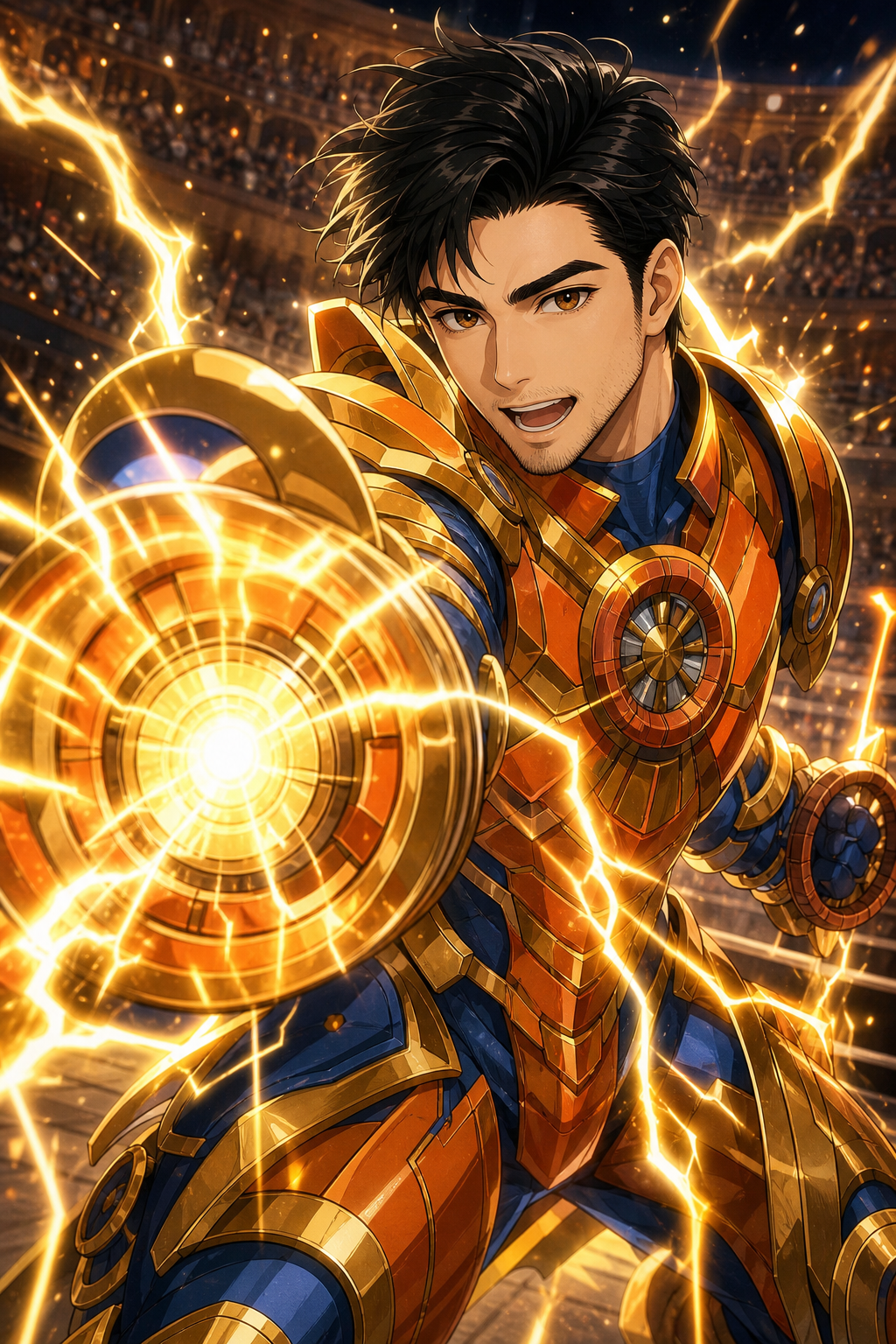 GPT Image 2 Prompt — Sergio como Nikola Tesla de Record of Ragnarok Use the first uploaded image as the ONLY identity reference for Sergio.
Use the second and third uploaded images as visual references for Nikola Tesla’s armor design, combat style, and attack energy. Create a premium vertical 2:3 anime / semi-realistic cinematic action illustration of Sergio cosplaying Nikola Tesla from Record of Ragnarok (Shuumatsu no Valkyrie), actively performing one of Tesla’s electric attacks. ABSOLUTE PRIORITY — KEEP SERGIO’S IDENTITY Sergio must remain immediately recognizable. Preserve with very high fidelity: same face shape
same jawline
same nose
same lips
same eyebrows
same warm brown / golden-brown eyes
same subtle facial hair / light stubble
same mature masculine appearance
same overall facial identity Do not turn him into Nikola Tesla himself. The final result must clearly look like: Sergio wearing a Nikola Tesla cosplay. CORE CONCEPT Show Sergio transformed into an epic Nikola Tesla-inspired battle version, wearing Tesla’s recognizable futuristic orange armor and unleashing a powerful lightning-based attack in the arena. The scene must feel: explosive
energetic
intelligent
high-tech
heroic
dramatic
anime-epic He should look like a brilliant combat scientist in the middle of a decisive attack, not standing still, not calmly posing. FACE / EXPRESSION — VERY IMPORTANT This is critical. Sergio’s face must show: excitement
conviction
battle intensity
adrenaline
focused determination
thrill of the attack His expression should feel like he is completely absorbed in the moment and fully committed to unleashing his power. Use: intense, bright eyes
slightly raised brows or energized focused brows
mouth slightly open or parted in a determined energized expression
a look of exhilaration, confidence, and certainty
emotionally engaged facial expression The feeling should be: “He knows this attack will land, and he’s thrilled to unleash it.” Do not make him look: calm and passive
fashion-model-like
casually smiling for the camera
detached
expressionless
simply posing He must look like he is in action, full of conviction and electric excitement. HAIR Keep Sergio recognizable, but adapt the hairstyle slightly so it fits Nikola Tesla’s vibe better. Use: dark hair
medium-length layered hair
more volume than the original
slightly swept back by motion
dynamic loose strands
subtle action movement
elegant anime texture Do not change his face. The hair must still feel like Sergio’s version of Tesla. TESLA ARMOR — HIGH FIDELITY Make the armor much closer to Nikola Tesla’s actual armor design from Record of Ragnarok. Use these iconic elements: bright orange armored plating
blue bodysuit / blue inner sections
gold accents
circular reactor-like chest piece
mechanical disc details at the shoulders / arms / waist
large techno gauntlet or attack arm device
sleek segmented sci-fi plating
angular armor panels
high-tech arm and leg armor
futuristic mechanical joints
Tesla-like battle suit silhouette
recognizable scientific / mechanical design language The armor must feel: futuristic
mechanical
scientific
anime-accurate
unmistakably inspired by Nikola Tesla Avoid: generic fantasy armor
medieval armor
random superhero armor
overly simplified orange suit The armor should clearly read as: Nikola Tesla’s battle armor interpreted in a premium anime style. ATTACK — CRITICAL Show Sergio performing Tesla’s attack, inspired by the reference images. Use a dynamic action pose where: one arm is thrust powerfully toward the viewer
the gauntlet / mechanical attack arm is the main foreground element
a bright energy core glows at the center of the weapon or gauntlet
electricity is actively discharging outward
the pose looks like he is firing, releasing, or driving forward an electric technique Add: intense lightning arcs
yellow-white electric energy
glowing energy burst
sparks and crackling electricity
circular energy effects or techno halos
motion around the attack arm
electrical flares across the armor The attack must feel: violent, brilliant, technological, and overwhelming. POSE Use a powerful combat pose inspired by the attack references. Show Sergio: actively lunging or leaning forward
body engaged in motion
attack arm extended toward the camera
torso twisted slightly for combat energy if needed
shoulders engaged
the other arm helping balance the action
full commitment to the strike The image must feel like a frozen moment during the attack, not before or after it. He should look like he is attacking with force and intent. Not standing neutrally. Not posing for a portrait. BACKGROUND Place Sergio in a dramatic arena / battle setting inspired by Record of Ragnarok. Include: large arena or coliseum
dramatic scale
glowing atmosphere
battle lighting
blurred audience or stadium structure
floating sparks
electric atmosphere
energy haze The background should support the action, but Sergio must remain the main focus. LIGHTING Use bright cinematic action lighting. Include: strong glow from the electric attack
white-hot and yellow highlights from the energy blast
reflected light on Sergio’s face
bright metallic reflections on the orange armor
electric rim light
intense contrast
high readability The image should feel: vivid
charged
bright
dramatic
high energy Not muddy. Not too dark. COLOR PALETTE Main palette: vivid orange
deep blue
metallic gold
yellow-white electricity
bright energy glow
dark arena shadows The orange-and-blue armor should clearly stand out. The electrical effects should be bright and dramatic. COMPOSITION Vertical 2:3. Frame Sergio from approximately thighs or knees upward, depending on what best supports the action. Use depth layers: foreground: attack gauntlet / energy blast / lightning
midground: Sergio’s face and torso
background: arena and electrical atmosphere Make the attack arm feel close to the camera. Keep Sergio’s face fully visible and readable. IMPORTANT RESTRICTIONS
Do not include any text in the image
Do not include the name “Nikola Tesla” anywhere
Do not add logos or labels
Do not lose Sergio’s facial identity
Do not make him look passive or posed
Do not make the armor generic
Do not make the attack magical fantasy energy; it should feel scientific, mechanical, and electric
QUALITY Premium anime / semi-realistic action illustration. High-end Record of Ragnarok-inspired promotional key art. Extremely . Polished digital painting. 2.5D anime rendering. Cinematic action scene. Correct anatomy. Correct hands. No extra fingers. No warped limbs. No malformed armor. No text. FINAL TARGET The final image must clearly look like: Sergio cosplaying Nikola Tesla from Record of Ragnarok, wearing a high-fidelity Tesla battle armor, and actively unleashing an electric attack with a face full of excitement, conviction, adrenaline, and combat intensity. He should feel: brilliant, powerful, heroic, ecstatic in battle, and completely committed to the attack. The result should be: 11/10 premium anime action key art. Si quieres, te hago también una versión más corta y más agresiva, para que GPT Image 2 se enfoque todavía más en: parecido a Sergio
armadura fiel a Tesla
cara con excitación y convicción
ataque épico