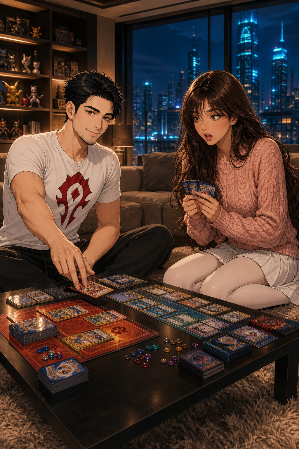 GPT IMAGE 2 — SERGIO AND MARA — POKÉMON TCG DATE NIGHT — SCENE 1 OF 3 Use the two attached images ONLY as character identity references. IMAGE 1 = SERGIO.
IMAGE 2 = MARA. IDENTITY — ABSOLUTE PRIORITY:
Preserve Sergio’s and Mara’s exact recognizable adult facial identities with extremely high fidelity. Keep their original facial structures, eyes, noses, lips, jawlines, skin tones and hairstyles. Do not blend their faces or replace them with generic anime characters. Sergio is 171 cm tall. He has short black hair, amber-brown eyes and subtle facial stubble. He wears a fitted white T-shirt with a bold red Horde-style fantasy emblem and dark lounge pants. Mara is 180 cm tall and visibly taller than Sergio. She has very long flowing dark-brown hair, soft bangs and hazel-brown eyes. She wears a cozy blush-pink cable-knit sweater, a white pleated skirt and completely opaque white tights. SCENE:
Sergio and Mara are enjoying a Pokémon Trading Card Game match in the spectacular living room of a luxurious modern apartment at night. They sit opposite each other around a low black coffee table covered with organized Pokémon cards, decks, card sleeves, playmats and colorful counters. Sergio is clearly winning. He calmly places his decisive card onto the table with a confident, amused smile. Mara holds several cards and stares at the board with exaggerated competitive disbelief, realizing that she is one move away from losing. ENVIRONMENT:
Elegant sectional sofa, thick cozy rug, warm amber floor lamps, shelves filled with gaming collectibles and enormous windows overlooking a luminous blue city skyline. Sophisticated but comfortable date-night atmosphere. COMPOSITION:
Vertical 3:4 cinematic medium-wide shot. Show both recognizable faces, their hands, upper bodies and the card game clearly. Sergio and Mara must receive equal visual importance. Natural hands and correctly arranged cards. STYLE:
Premium semi-realistic anime key art × luxurious Korean webtoon rendering, 85% realistic and 15% anime refinement. Warm amber lighting contrasted with cool teal city lights, hair, fabric and cards, cinematic depth, polished 11/10 finish. Exactly two adults. Tasteful and SFW. No extra people, no captions, no readable card text, no distorted logos, no watermark.
