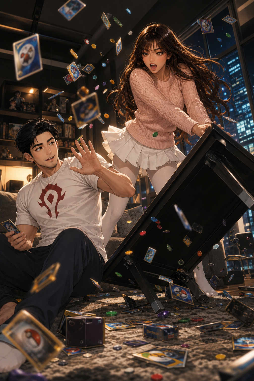 GPT IMAGE 2 — SERGIO AND MARA — THE TABLE FLIP — SCENE 2 OF 3 Use the two attached images ONLY as character identity references. If available, also use Scene 1 strictly as a continuity reference for clothing, apartment design, lighting and visual style. IMAGE 1 = SERGIO.
IMAGE 2 = MARA. IDENTITY — ABSOLUTE PRIORITY:
Preserve both recognizable adult facial identities with extremely high fidelity. Do not change or blend their faces. Maintain exact continuity:
Sergio is 171 cm tall, with short black hair, amber-brown eyes and subtle stubble. He wears the same fitted white T-shirt with a red Horde-style fantasy emblem and dark lounge pants. Mara is 180 cm tall, with very long dark-brown hair, soft bangs and hazel-brown eyes. She wears the same blush-pink cable-knit sweater, white pleated skirt and completely opaque white tights. SCENE:
Capture the spectacular comedic instant immediately before Sergio can play his winning Pokémon card. Mara suddenly flips the low coffee table upward in theatrical competitive frustration. The table tilts dramatically away from both characters without hitting anyone. Dozens of Pokémon trading cards, card sleeves and colorful counters explode through the air in a huge dynamic spiral. Cards fill the foreground and background, frozen sharply in motion. Sergio recoils beside the sofa with a surprised but amused expression. One hand is raised instinctively while his other hand still protects the final winning card. Mara rises dynamically behind the tilting table with an exaggerated “You are NOT winning!” expression. She looks dramatically competitive, mischievous and funny rather than genuinely angry. Her long hair and sweater move naturally with the sudden motion. ENVIRONMENT:
Exactly the same luxurious apartment living room at night: warm amber lamps, cozy rug, gaming shelves, elegant sofa and cool blue city lights through enormous windows. COMPOSITION:
Vertical 3:4 cinematic low-angle action shot. Both recognizable faces must remain clearly visible. The tilted table forms a powerful diagonal composition, while the flying cards create depth and surround the protagonists without covering their faces. STYLE:
Premium semi-realistic anime × Korean webtoon action key art, 85% realistic and 15% anime refinement. Dramatic motion, sharp expressions, strong amber-and-teal contrast, cards and hair, polished epic 11/10 finish. Safe slapstick comedy. No injury, no aggression toward Sergio, no extra people, no readable card text, no captions, no watermark, correct hands and anatomy.