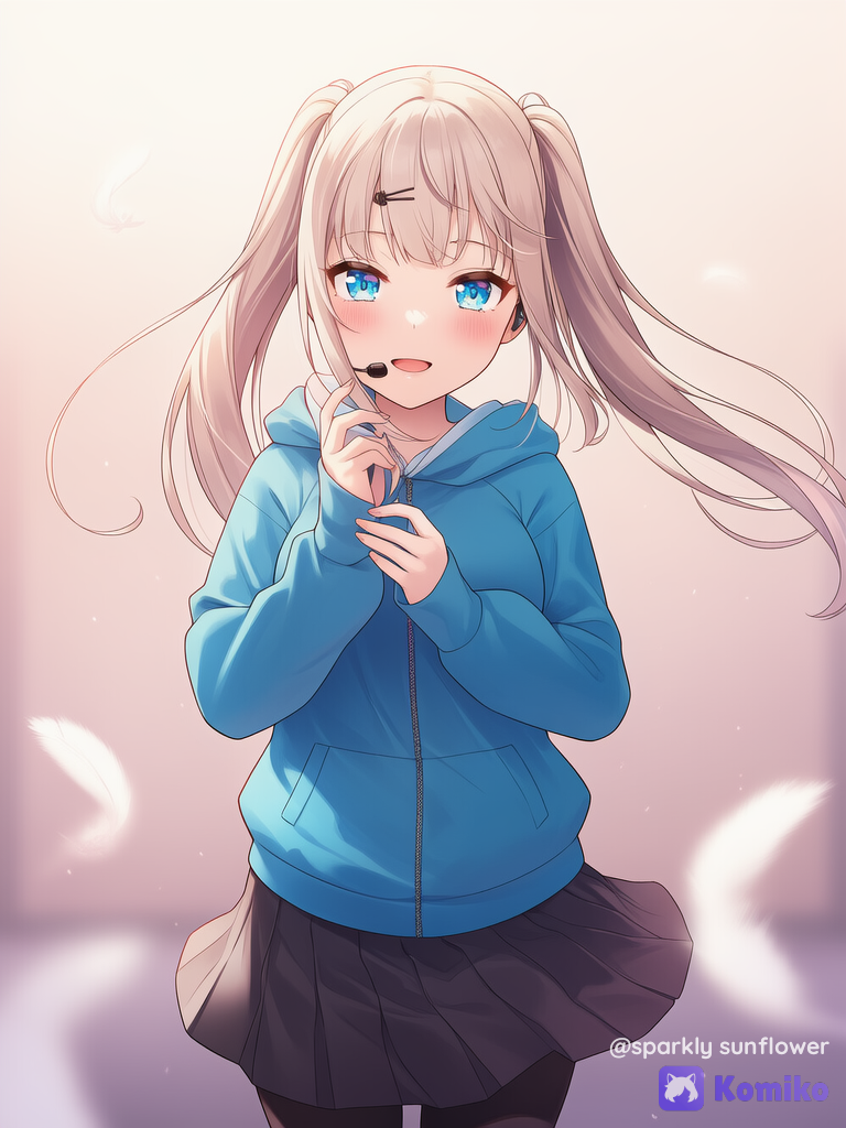 [soft-pastel-style], 1girl, floating два хвостика бежевые волосы, микрофон на лице, голубые глаза, обыкновенная девочка