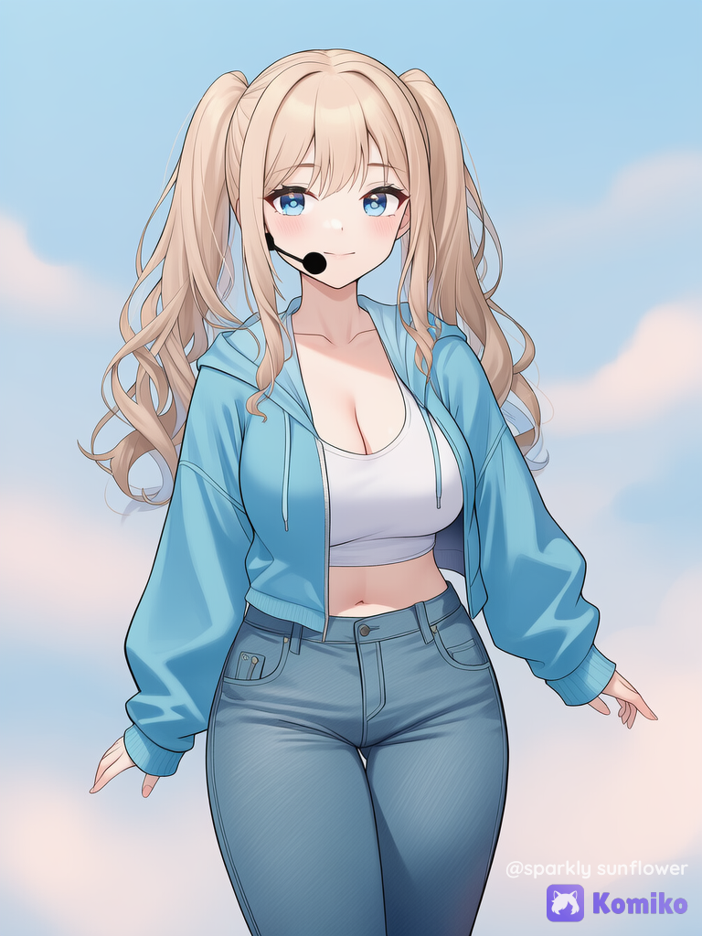 [soft-pastel-style], 1girl, floating два хвостика бежевые волосы, микрофон на лице, голубые глаза, обыкновенная девочка, floating, cowboy shot джинсы, белая майка, голубая кофта, белые ботинки.