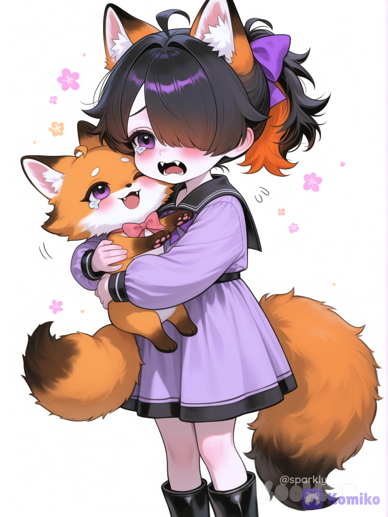 [polished-illustration-style], 1girl, black hair, ponytail, black eyes, crying with eyes open, hug, @Komiko_Chan