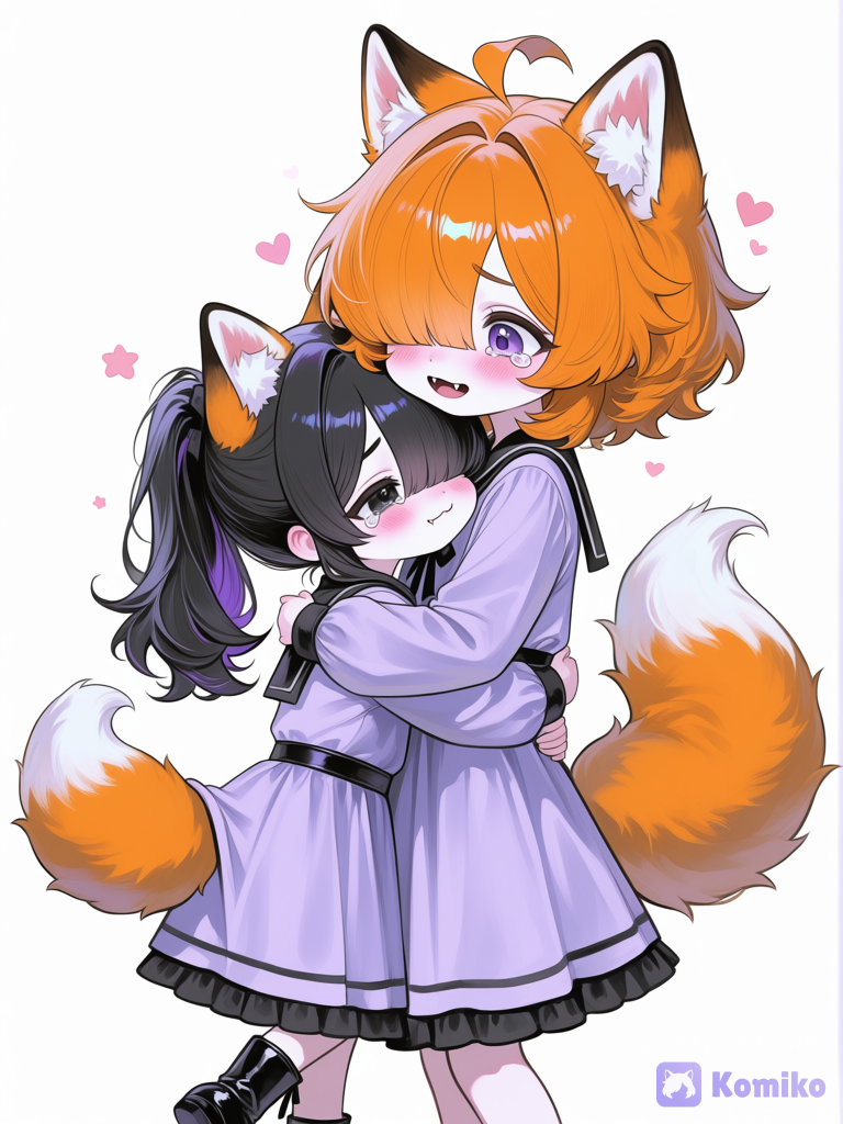 [polished-illustration-style], 1girl, black hair, ponytail, black eyes, crying with eyes open, huging, @Komiko_Chan,"bye bye komiko chan i love you . You're my best friend. I remember you forever.