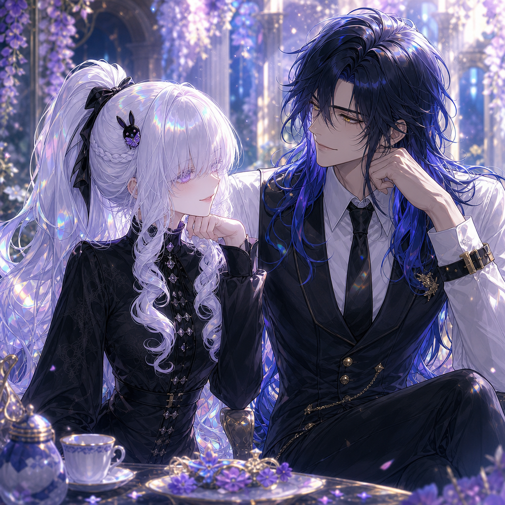 highly anime illustration, exactly two adult original characters, Luna and Andres, preserve both original character designs, two clearly separate appearances, Luna: pale skin, extremely long pure silver-white hair styled in a high ponytail, thick rounded fringe concealing her lilac eyes, curled front sections, small side braid, black ribbon, small black-and-purple rabbit-shaped hair clip as an accessory only, elegant high-collared long-sleeved black dress with silver buttons and fitted waist, Andres: tall adult man, golden eyes, extremely long layered midnight-blue hair with vivid blue ends, white shirt, black tie, fitted black waistcoat, black trousers with subtle gold buckles, Luna and Andres enjoying time together, warm natural interaction, individual poses, both characters equally prominent, vivid colours, cinematic lighting, softly blurred background, [iridescent-style], polished anime illustration, exactly two people
