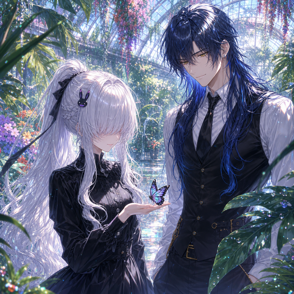 highly anime illustration, exactly two adult original characters together, Luna and Andres, preserve both exact original character designs, two clearly separate appearances, Luna positioned on the left, Andres positioned on the right, both characters equally prominent, Luna: pale skin, extremely long pure silver-white hair styled in a high ponytail, thick rounded fringe completely concealing her lilac eyes, curled front sections, small side braid, black ribbon, small flat black-and-purple rabbit-shaped hair clip as an accessory only, elegant high-collared long-sleeved black dress with silver buttons and fitted waist, Andres: tall adult man, golden eyes, extremely long layered midnight-blue hair with vivid blue ends, white shirt, black tie, fitted black waistcoat, black trousers with subtle gold buckles, Luna and Andres exploring an enormous tropical glasshouse after rainfall, Luna holding one hand carefully beneath a colourful butterfly while Andres watches with a gentle smile, giant leaves, hanging flowers and reflective pathways surrounding them, crystal droplets sparkling across the plants, warm natural interaction, bright diffused sunlight through the glass roof, vibrant greens and floral colours, cinematic medium shot, softly blurred background, [iridescent-style], polished anime illustration, exactly two people, @luna-daQe, @andres-X9z4