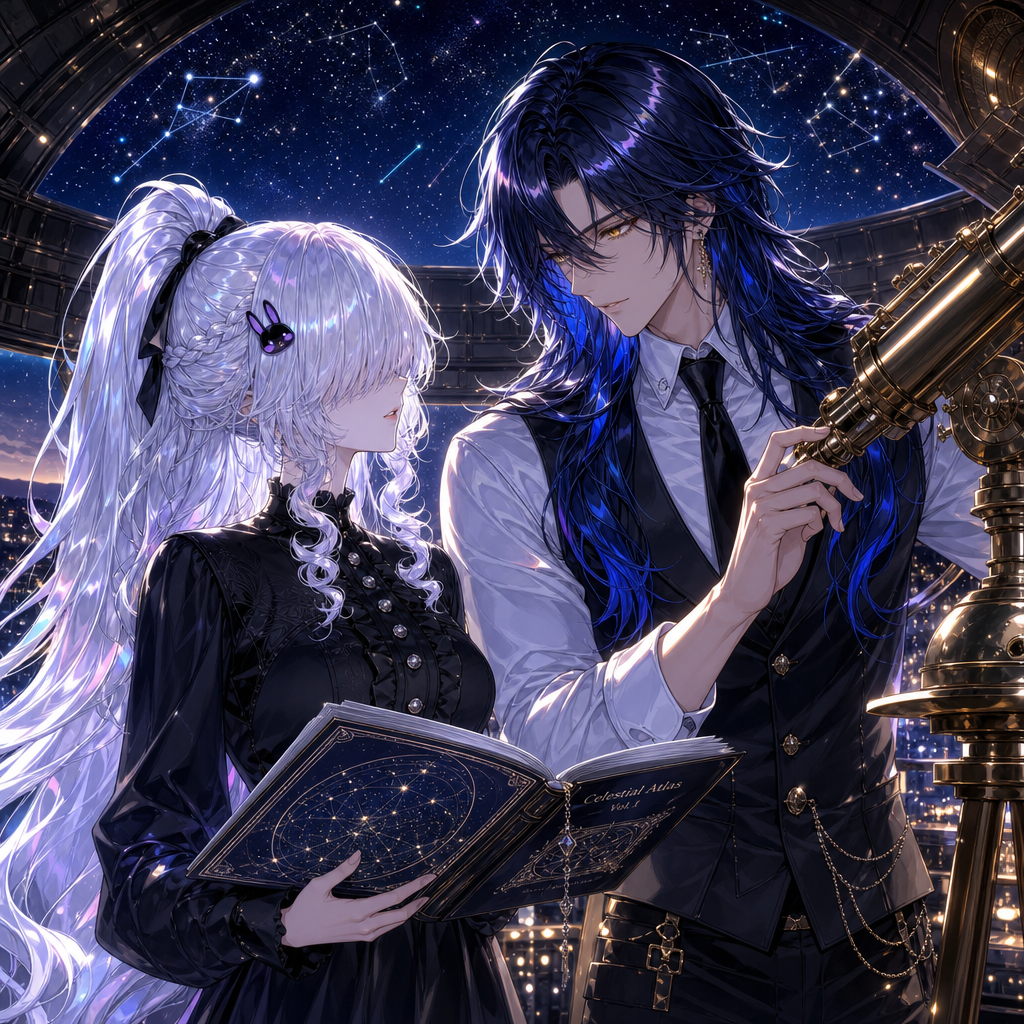 highly anime illustration, exactly two adult original characters together, Luna and Andres, preserve both exact original character designs, two clearly separate appearances, Luna positioned on the left, Andres positioned on the right, both characters equally prominent, Luna: pale skin, extremely long pure silver-white hair styled in a high ponytail, thick rounded fringe completely concealing her lilac eyes, curled front sections, small side braid, black ribbon, small flat black-and-purple rabbit-shaped hair clip as an accessory only, elegant high-collared long-sleeved black dress with silver buttons and fitted waist, Andres: tall adult man, golden eyes, extremely long layered midnight-blue hair with vivid blue ends, white shirt, black tie, fitted black waistcoat, black trousers with subtle gold buckles, Luna and Andres inside a beautiful hilltop observatory at night, Andres adjusting a large antique brass telescope while Luna holds an open illustrated star chart, both leaning slightly toward one another in curious conversation, rotating observatory dome above them, distant city lights below, vivid constellations through the open roof, deep indigo sky, warm golden instrument lighting, cinematic upper-body composition, peaceful celestial atmosphere, [iridescent-style], polished anime illustration, exactly two people, @andres-X9z4, @luna-daQe