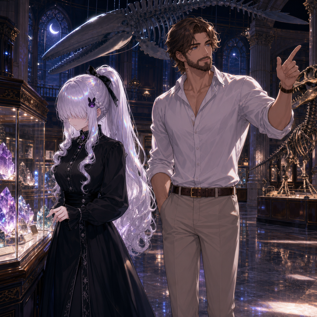 highly anime illustration, exactly two adult original characters together, Luna and Ricardo, preserve both exact original character designs, two clearly separate appearances, Luna positioned on the left, Ricardo positioned on the right, both characters equally prominent, Luna: pale skin, extremely long pure silver-white hair styled in a high ponytail, thick rounded fringe completely concealing her lilac eyes, no visible eyes, curled front sections, small side braid, black ribbon, small flat black-and-purple rabbit-shaped hair clip as an accessory only, elegant high-collared long-sleeved black dress with silver buttons and fitted waist, Ricardo: tall broad-shouldered adult man, lightly tanned skin, striking blue eyes, medium-length wavy chestnut-brown hair with a loose centre part, neatly groomed full brown beard and moustache, relaxed white button-up shirt with rolled sleeves, tailored light-beige trousers, dark-brown leather belt, polished dark-brown loafers, Luna and Ricardo exploring a magnificent natural history museum after closing time, walking together beneath an enormous suspended blue-whale skeleton, Luna studying an illuminated collection of rare crystals while Ricardo gestures towards a towering fossil display, polished marble floors reflecting their silhouettes, grand stone columns, antique exhibition cases and softly glowing displays surrounding them, warm natural interaction, mysterious elegant atmosphere, silver moonlight entering through tall arched windows, cinematic medium shot, softly blurred background, [iridescent-style], polished anime illustration, exactly two people