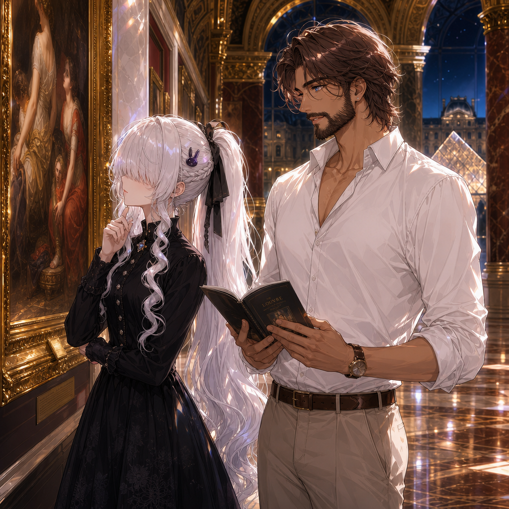 highly anime illustration, exactly two adult original characters together, Luna and Ricardo, preserve both exact original character designs, two clearly separate appearances, Luna positioned on the left, Ricardo positioned on the right, both characters equally prominent, Luna: pale skin, extremely long pure silver-white hair styled in a high ponytail, thick rounded fringe completely concealing her lilac eyes, no visible eyes, curled front sections, small side braid, black ribbon, small flat black-and-purple rabbit-shaped hair clip as an accessory only, elegant high-collared long-sleeved black dress with silver buttons and fitted waist, Ricardo: tall broad-shouldered adult man, lightly tanned skin, striking blue eyes, medium-length wavy chestnut-brown hair with a loose centre part, neatly groomed full brown beard and moustache, relaxed white button-up shirt with rolled sleeves, tailored light-beige trousers, dark-brown leather belt, polished dark-brown loafers, Luna and Ricardo exploring an opulent Parisian art gallery inspired by the Louvre after closing time, Luna standing thoughtfully before an enormous classical painting in an ornate gilded frame while Ricardo stands beside her holding an elegant gallery guide, quietly discussing the artwork together, magnificent marble floors, towering arched ceilings, carved stone columns, gilded decorative details and rows of beautiful historic paintings surrounding them, distant view of a softly illuminated glass pyramid through the tall gallery windows, warm natural interaction, peaceful sophisticated atmosphere, rich gold and burgundy colours, soft evening illumination reflecting across the polished floor, cinematic medium shot, softly blurred background, [iridescent-style], polished anime illustration, exactly two people