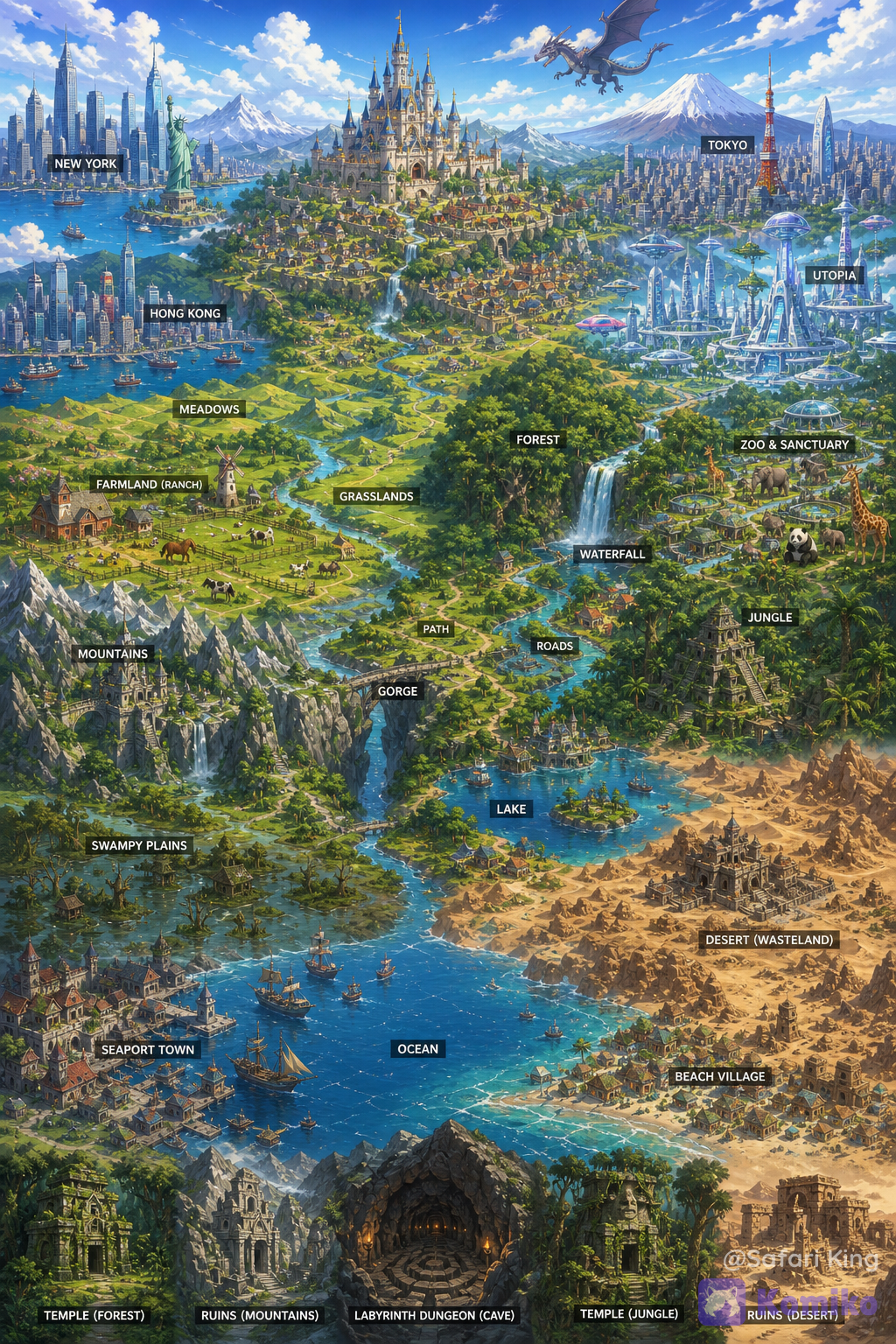 Create a image of a beautiful kingdom
. Fantasy Enchanted Castle with villages and towns
. Modern day cities (New York, Hong Kong and Tokyo)
. Sci-fi future cities (Utopia)
. Zoo and Sanctuary
. Farmland (Ranch)
. Forest
. Jungles . Meadows
. Grasslands with hills
. Mountains
. Swampy plains
. Desert (Wasteland with villages and towns)
. Bridges
. Gorge
. Roads
. Path
. Rivers
. Lakes . Ocean
. Mt Fuji
. Waterfall in the forest
. Seaport Town and Villages by the beach
. Temples, Ruins and labyrinth dungeon (cave) in the forest, desert, mountains and jungle
