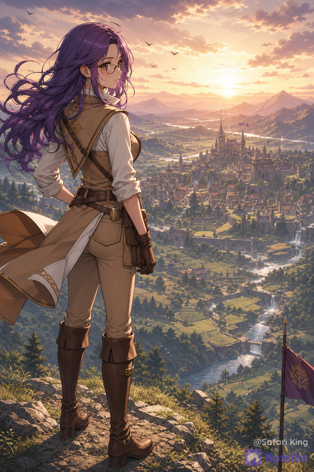 Create a image of a beautiful woman at the hills watching the kingdom
She has purple hair and brown eyes and she's wearing her glasses
She's wearing her tan and white explorer outfits with tan trousers and her pairs of knee high leather boots with small straps at the cuffs