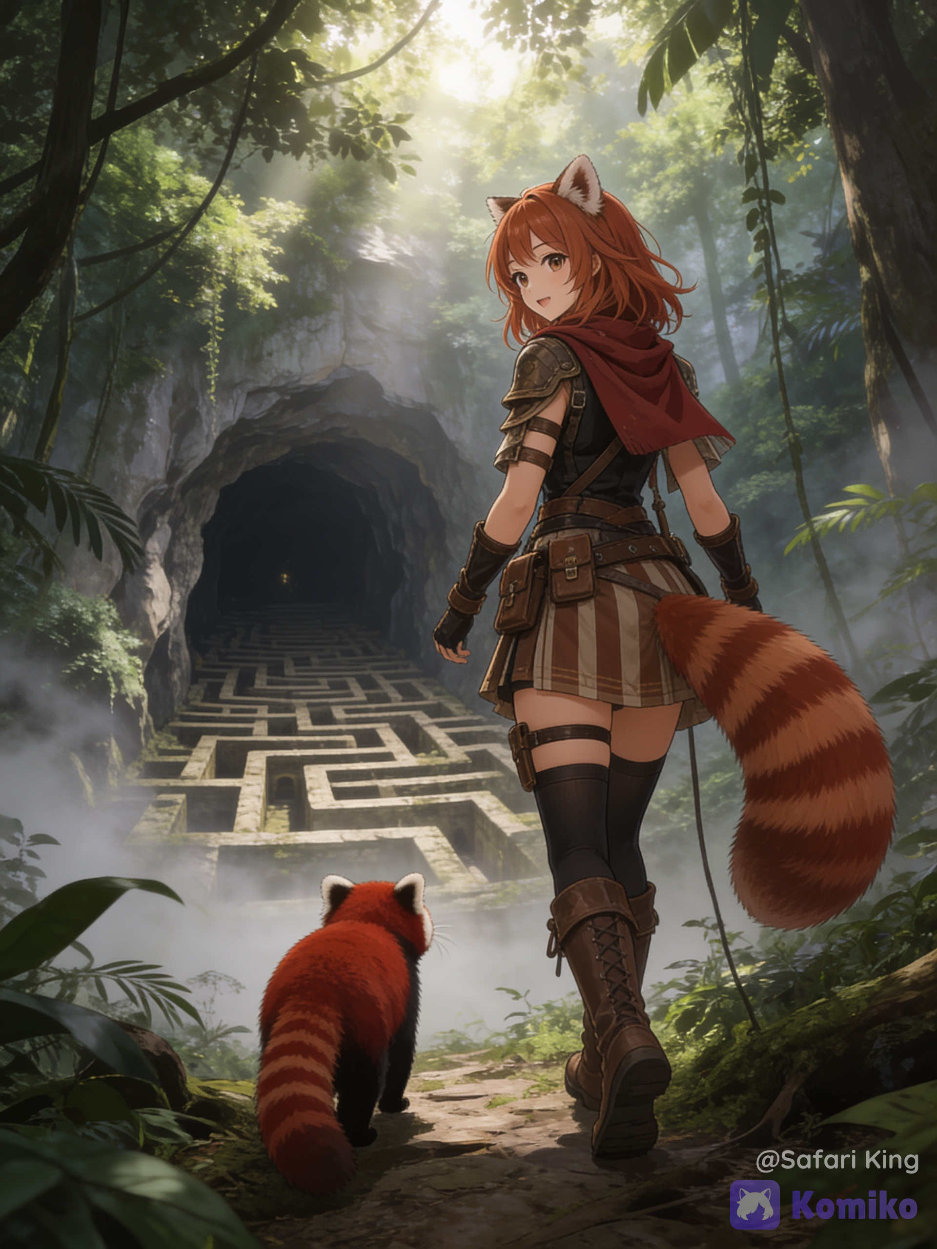 @kurumi-redmoor-e5da in the jungle heading to the largest labyrinth dungeon hidden in the cave with a red panda