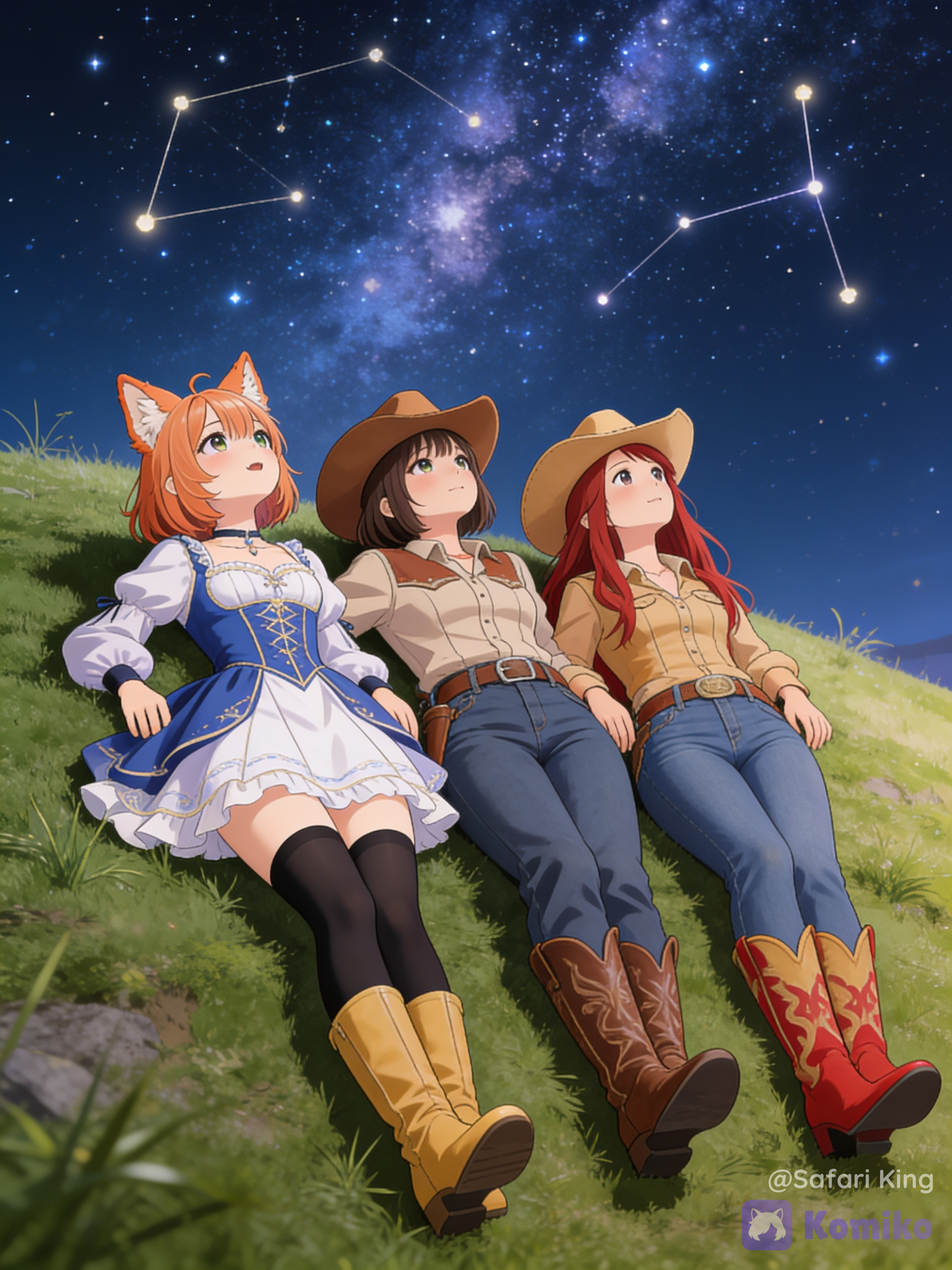 @komiko-chan-ozEU wearing a blue and white beautiful dress with a skirt and wearing her black high thigh socks and her tan medium boots, @hana-midorino-ogSb wearing a cowboy hat and cowboy boots and @qiu-tian-yang-zilu-qing-bian-ZmHL wearing her tan cowboy hat and tan and red cowboy boots Watching a beautiful stars in the sky at night on a hills