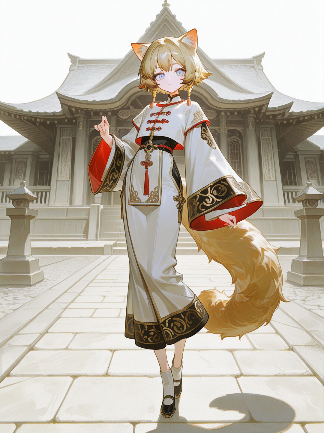 [high-gloss-illustration-style]1girl, catgirl, cat ears, fluffy tail, short hair, strawberry blonde hair, intricate braids, blue eyes, slender, petite, subtle curves, white outfit, gold accents, central asian inspired clothes, pilgrimage road, temple, distant background, single character, full body, looking at viewer, anime style, simple background, white background