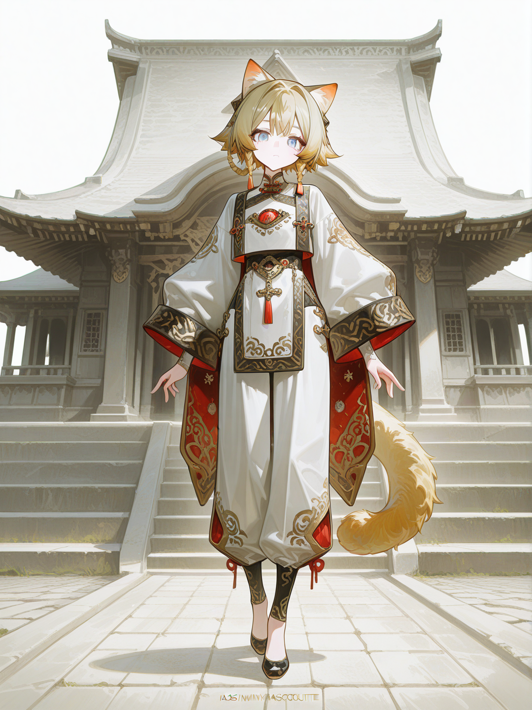[high-gloss-illustration-style]1girl, catgirl, cat ears, fluffy tail, short hair, strawberry blonde hair, intricate braids, blue eyes, slender, petite, subtle curves, white outfit, gold accents, central asian inspired clothes, pilgrimage road, temple, distant background, single character, full body, looking at viewer, anime style, simple background, white background