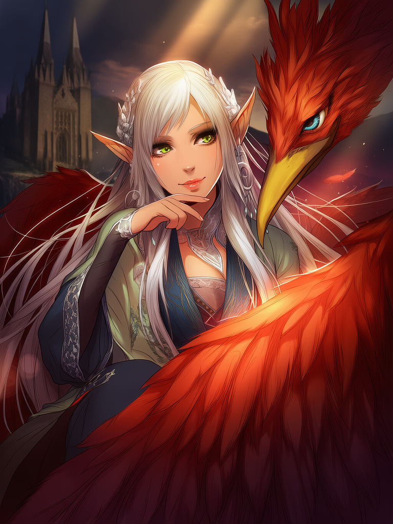 score_7, (female focus,a elf woman), ((digital illustration in manhwa style)), (green eyes,silver long hair, subtle makeup, subtle tanned skin, eyeliner,),,captivating and mysterious.The style is a blend of dark fantasy and, conveying a mood of mystery and allure. The lighting is dramatic, with strong rim lighting highlighting her features and the fan, casting deep shadows and creating an ethereal, almost otherworldly atmosphere. The color palette is dominated by deep blacks and striking reds. The scene evokes a sense of dark fantasy, elegance, and alluring power. The composition is a close-up portrait with a shallow depth of field, focusing on the woman and her immediate surroundings, with bokeh effects enhancing the dreamlike quality. Cinematic lighting, high detail, dramatic. long eyelashes, sunlight, volumetric lighting, snow accessories, sorcerer,magic queen,heresy accessories, sitting in the protection of a giant phoenix, in the domain with the giant frame castle in the background, looking at the phoenix, hand touching its chin, happy, warm and intimate atmosphere, breathtaking atmosphere 8K resolution, vibrant colors, dreamy fantasy aesthetic, cinematic fantasy look, high detail, ultra-realistic, ethereal style, delicate softness, poetic lighting, modern digital painting aesthetic, Muted soft colors, old lighting, street style fashion, depth of field, wallpaper