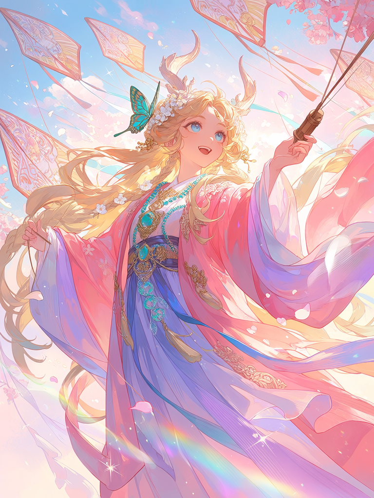 A vibrant digital illustration of a joyful young woman with long blonde hair in intricate braids and large majestic horns, clear blue eyes, in traditional Chinese Hanfu, flying a large, ornate swallow-shaped kite. She is holding a wooden kite reel in one hand and looking up with a radiant smile. Her long blonde braided hair is wind-blown and adorned with delicate white flowers and golden butterfly hairpins. She wears layered pink and lavender silk robes with intricate floral embroidery and gold accents. The scene is filled with swirling cherry blossom petals and rainbow-colored light leaks. Her jewelry includes a multi-strand pearl and turquoise necklace. High-quality anime art style, soft painterly textures, ethereal glowing atmosphere. The background is a dreamy wash of pastel pinks and whites, suggesting a spring day. Dynamic composition, sparkling ‘kira-kira’ effects, volumetric lighting, and a shallow depth of field.