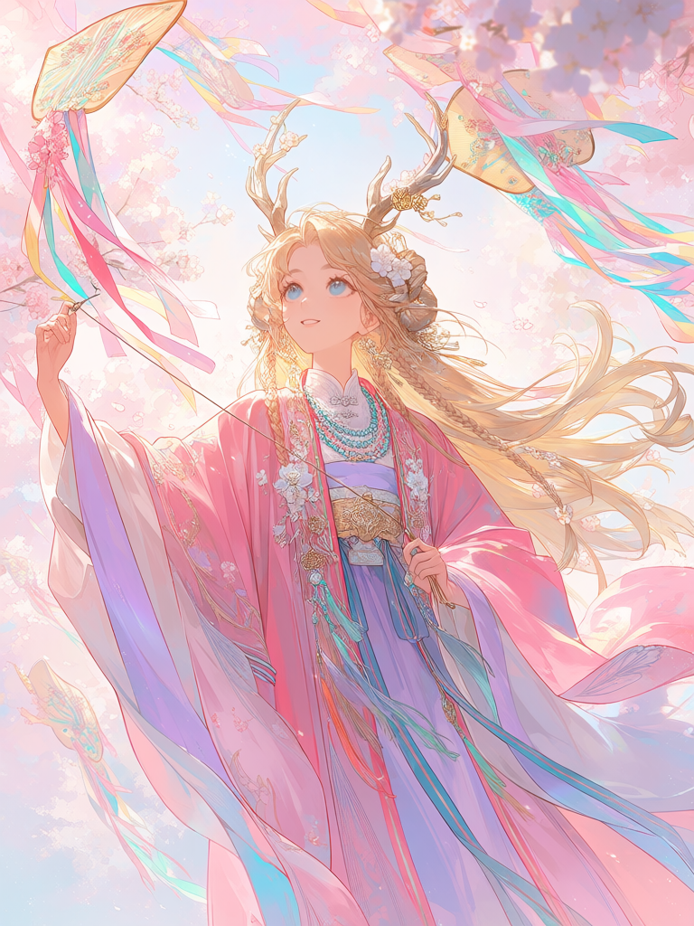 A vibrant digital illustration of a joyful young woman with long blonde hair in intricate braids and large majestic horns, clear blue eyes, in traditional Chinese Hanfu, flying a large, ornate swallow-shaped kite. She is holding a wooden kite reel in one hand and looking up with a radiant smile. Her long blonde braided hair is wind-blown and adorned with delicate white flowers and golden butterfly hairpins. She wears layered pink and lavender silk robes with intricate floral embroidery and gold accents. The scene is filled with swirling cherry blossom petals and rainbow-colored light leaks. Her jewelry includes a multi-strand pearl and turquoise necklace. High-quality anime art style, soft painterly textures, ethereal glowing atmosphere. The background is a dreamy wash of pastel pinks and whites, suggesting a spring day. Dynamic composition, sparkling ‘kira-kira’ effects, volumetric lighting, and a shallow depth of field.