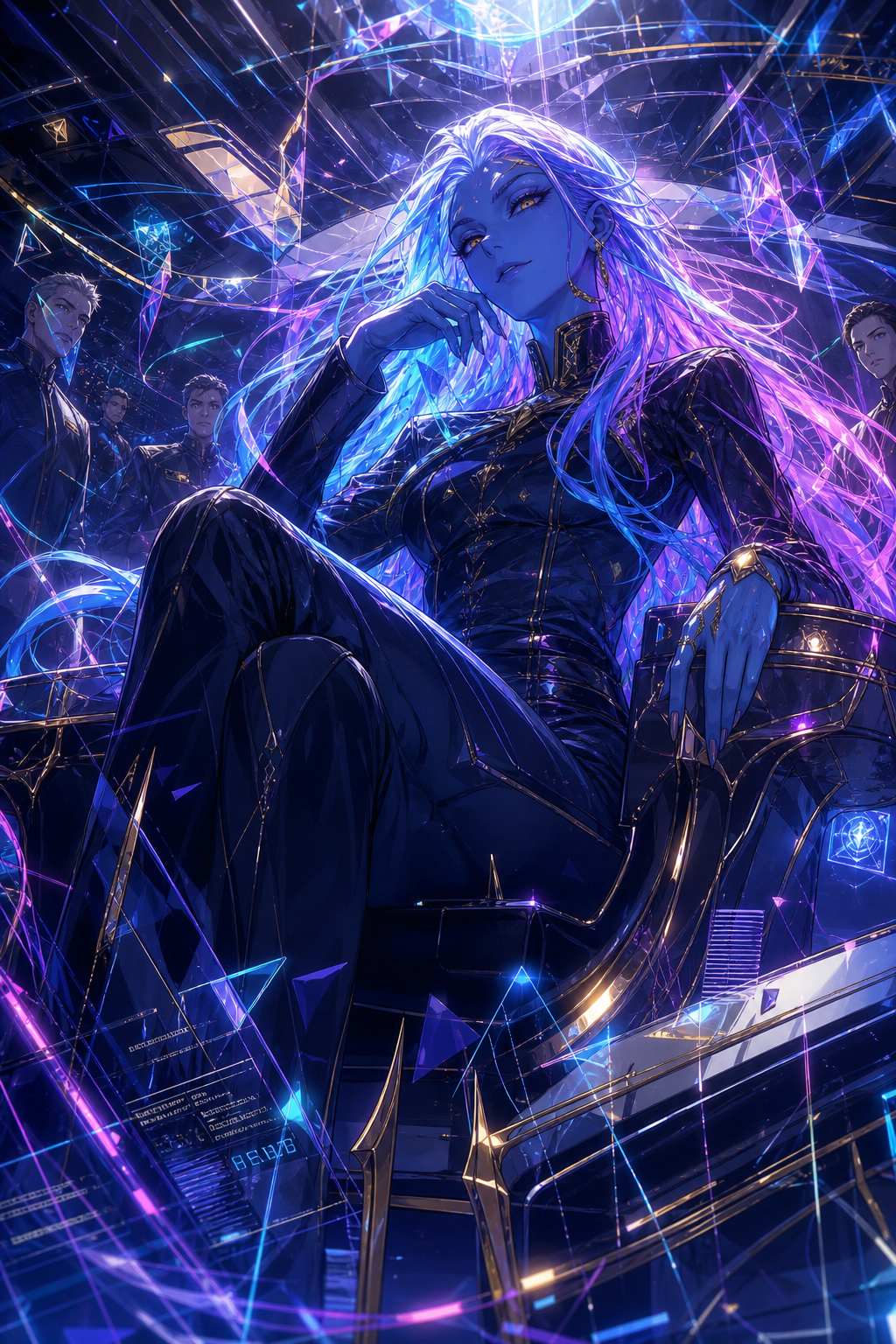 A blue-skinned alien queen seated casually in an advanced command chamber, long flowing hair with an impossible luminous gradient from silver-white through electric cyan, violet and magenta, golden predatory eyes, mature sharp features, subtle confident smile, fully covered elegant black and dark navy alien commander attire, high collar, long sleeves, fitted long trousers, sophisticated seamless materials with restrained gold ornamentation, human-scale throne-like command seat surrounded by unfamiliar technological structures, several human officers and observers present in the chamber at the same physical scale, streams of colored light move through her hair, clothing and nearby structures as though illumination, information and matter are partially interchangeable, translucent geometric fragments and luminous filaments crossing the scene without identifiable emitters, dense overlapping cyan, violet, magenta and white illumination creates an unnatural flood of light without appearing magical or sacred, she regards the humans with relaxed curiosity and precise attention, beautiful and composed but unmistakably predatory, treating the encounter as an interesting hunt rather than displaying anger or contempt, intimate low-angle composition, strong foreground presence, controlled asymmetry, overwhelming luminous detail, dark science fiction atmosphere, high-quality anime illustration, painterly realism