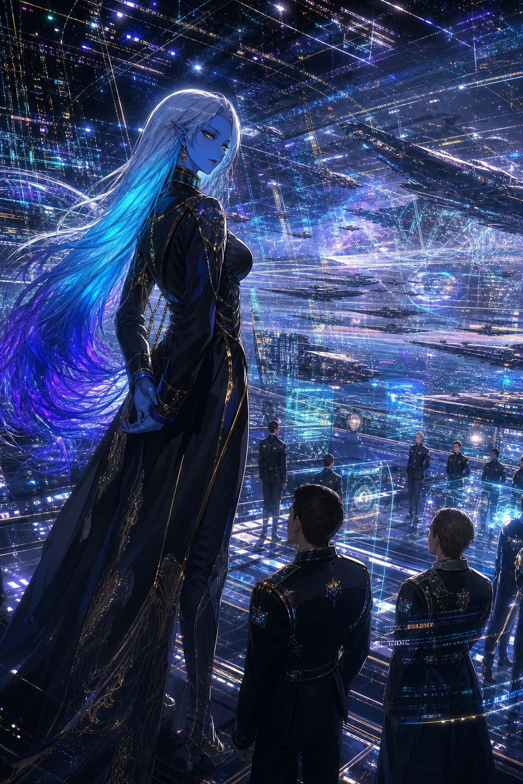 A blue-skinned alien queen standing on a vast observation deck overlooking an immense interstellar fleet, long flowing hair with an unnatural luminous gradient from silver-white through cyan and deep blue into violet, golden predatory eyes, mature intelligent features, calm analytical expression, fully covered sophisticated dark navy and black high-collar commander attire, elegant long coat, subtle gold details, seamless advanced materials, several human officers standing below and around her at normal human scale, emphasizing direct coexistence and confrontation rather than divine scale, an overwhelming flood of artificial light fills the environment: countless thin luminous lines, floating geometric interfaces, impossible reflections, distant spacecraft lights and structures glowing with no obvious light source, multiple conflicting directions of illumination, the light represents incomprehensibly advanced information and technology rather than magic or holiness, making it difficult to distinguish physical objects, projections, reflections and information, the queen remains clearly physical, human-sized and tangible within the scene, calmly observing the humans and their civilization with the focused attention of an intelligent predator, cinematic wide composition, strong depth, extreme luminous complexity, high contrast, sophisticated science fiction, high-quality anime illustration, intricate details