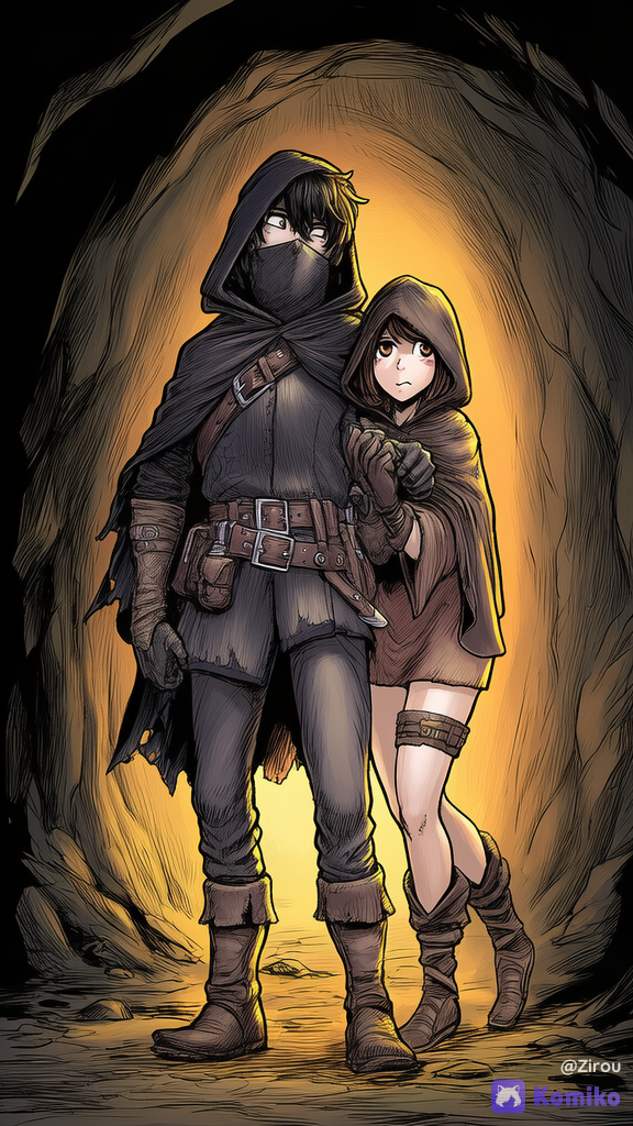 A male and female duo of fantasy RPG / isekai travelers inside a dimly lit cave. The man is a lean athletic thief / rogue with slightly messy dark hair partially hidden under a dark hooded cloak, sharp observant eyes, and a subtle mischievous expression. He wears practical traveler's attire: weathered dark leather tunic and trousers, sturdy boots, a short dark cloak with a deep hood, a leather belt with pouches and a satchel across his shoulder. No weapons of any kind. The woman is an agile female companion with a similar practical traveler's look — leather armor or tunic, cloak, and traveling gear, standing close beside him. Both are weaponless. They stand together in a natural cave with rocky walls, dripping water, soft torchlight or glowing crystals casting dramatic shadows. Atmospheric fantasy art style, clothing textures, cinematic lighting, adventurous and slightly mysterious mood --ar 2:3 --stylize 250