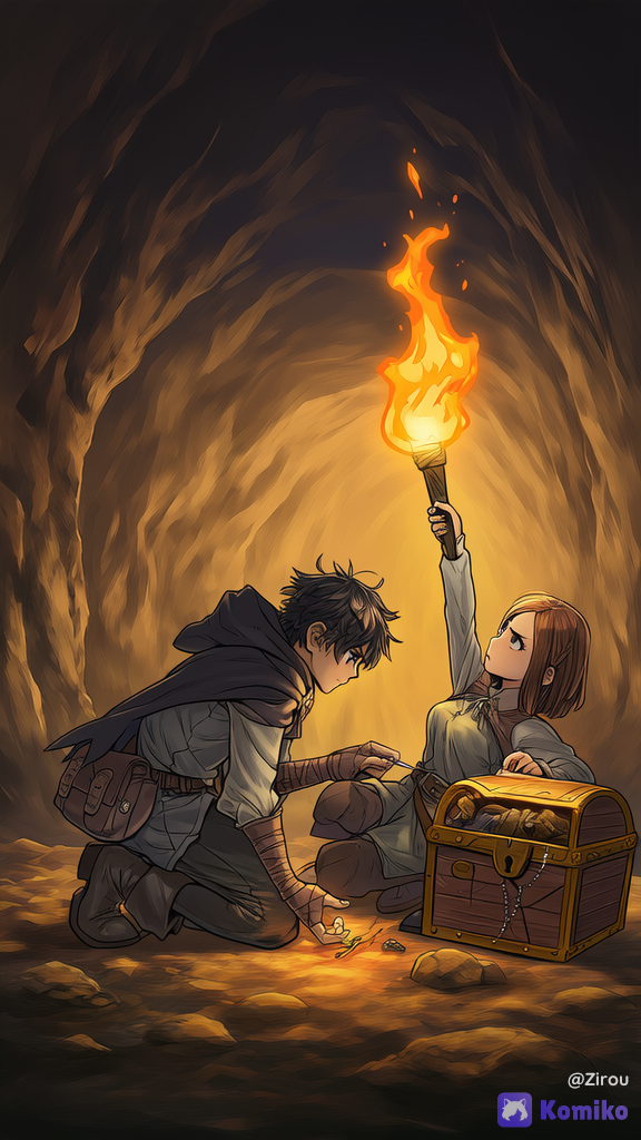 A male and female duo of fantasy RPG / isekai travelers cooperating inside a dimly lit cave. The lean athletic male thief / rogue is kneeling in front of a large ornate treasure chest, carefully lockpicking the keyhole with focused concentration, slightly messy dark hair partially hidden under a dark hooded cloak, sharp observant eyes. He wears practical traveler's attire: weathered dark leather tunic and trousers, sturdy boots, short dark cloak, leather belt with pouches and a satchel. No weapons. Beside him, the agile female companion holds a lit torch high to illuminate the scene while vigilantly scanning the surroundings for danger, her expression alert and cautious. She wears similar practical traveler's gear — leather tunic or
