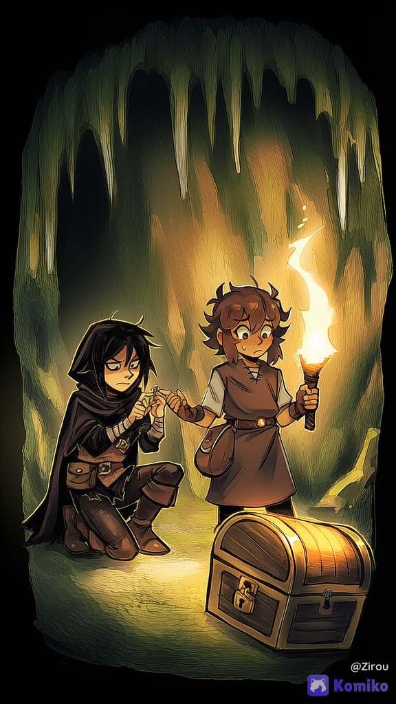 A male and female duo of fantasy RPG / isekai travelers cooperating inside a dimly lit cave. The lean athletic male thief / rogue is kneeling in front of a large ornate treasure chest, carefully lockpicking the keyhole with focused concentration, slightly messy dark hair partially hidden under a dark hooded cloak, sharp observant eyes. He wears practical traveler's attire: weathered dark leather tunic and trousers, sturdy boots, short dark cloak, leather belt with pouches and a satchel. No weapons. Beside him, the agile female companion holds a lit torch high to illuminate the scene while vigilantly scanning the surroundings for danger, her expression alert and cautious. She wears similar practical traveler's gear — leather tunic or, [warm-dramatic-style]
