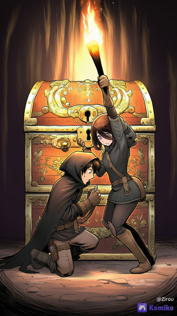 A male and female duo of fantasy RPG / isekai travelers cooperating inside a dimly lit cave. The lean athletic male thief / rogue is kneeling in front of a large ornate treasure chest, carefully lockpicking the keyhole with focused concentration, slightly messy dark hair partially hidden under a dark hooded cloak, sharp observant eyes. He wears practical traveler's attire: weathered dark leather tunic and trousers, sturdy boots, short dark cloak, leather belt with pouches and a satchel. No weapons. Beside him, the agile female companion holds a lit torch high to illuminate the scene while vigilantly scanning the surroundings for danger, her expression alert and cautious. She wears similar practical traveler's gear — leather tunic or light armor, cloak, and traveling equipment. Both are weaponless. The cave has rocky walls, dripping water, and soft torchlight casting dramatic shadows across the stone and the large treasure chest. Highly fantasy art style, cinematic lighting, realistic textures on leather and rock, atmosphere of tension and teamwork --ar 2:3 --stylize 250