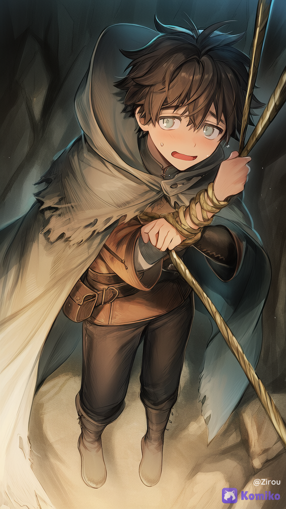 A lean athletic male thief / rogue in practical traveler's attire gripping a single thick rope tightly with both hands, body suspended in mid-air against a flat rocky cave wall. He has slightly messy dark hair partially hidden under a dark hooded cloak, and a humorous troubled expression — wide worried eyes, slight sweat drop, awkward half-smile as if thinking "this is bad". Outfit: weathered dark leather tunic and trousers, sturdy traveler's boots, short dark cloak with deep hood, leather belt with pouches and a satchel across his shoulder. No weapons. Strictly no floor, no ground, and no depth perspective — only close-up rocky wall surface as the background to emphasize a deep vertical shaft. The character is clearly holding the rope with his hands only, not around the neck. Dramatic lighting with the lower part of the frame in deep darkness and the upper part brighter from light filtering above. Highly fantasy RPG / isekai art style, cinematic contrast, realistic textures on leather and rope --ar 2:3 --stylize 250