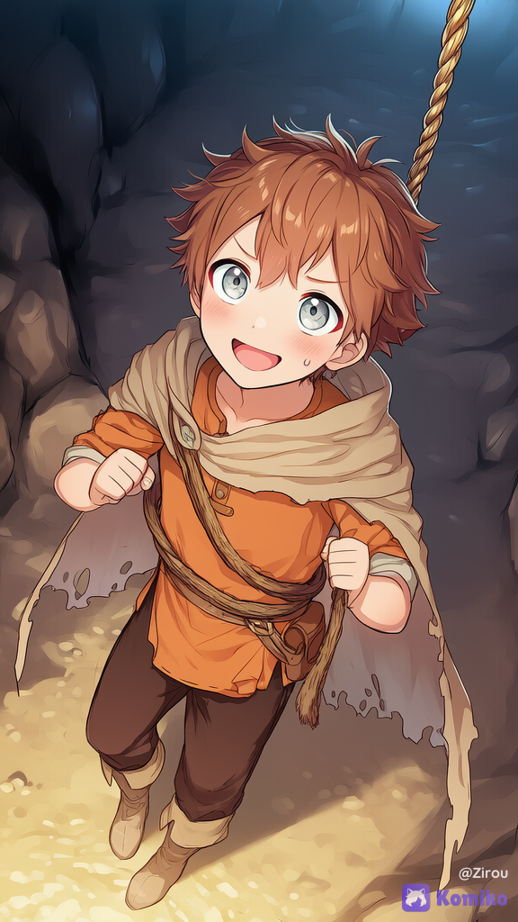 anime style illustration of a young boy adventurer, messy short fluffy brown hair with bangs falling over the forehead, large expressive light blue-gray eyes, fair skin with soft blush on cheeks, open mouth smile showing excitement and slight nervousness, small sweat drop on face, slender youthful body, wearing a tattered beige cloak with frayed edges draped over the shoulders, orange-brown tunic with rolled-up sleeves, dark brown pants, light brown leather boots, thick rope wrapped around both wrists and held tightly in both hands as if climbing, small brown leather pouch attached to the waist, dynamic high-angle view looking slightly upward, dramatic lighting from below casting soft shadows, dark cave background with rocky walls, highly soft shading, vibrant colors