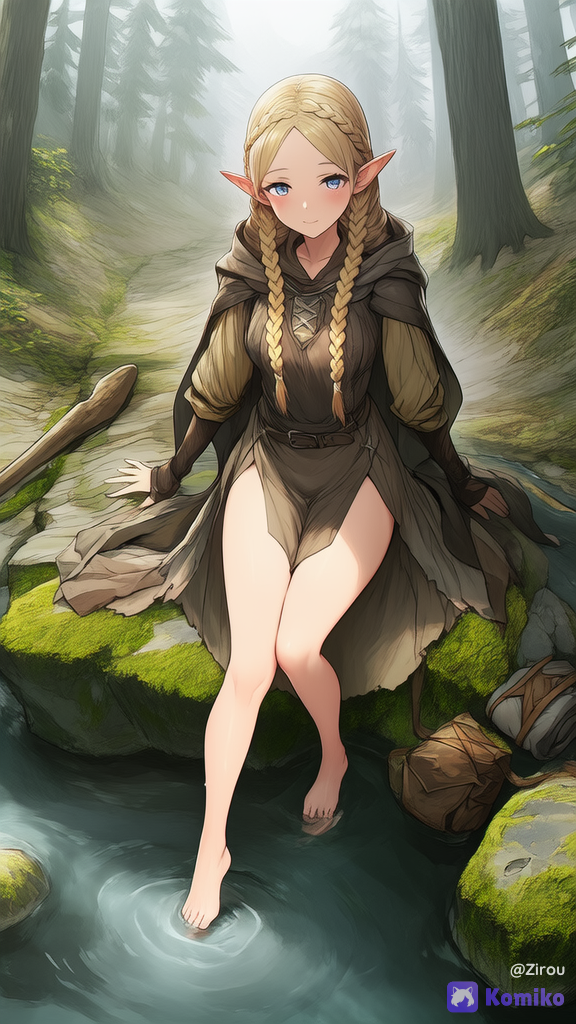 A beautiful young female elf with pointed ears, Nordic mythology style, pale fair skin, long flowing blonde hair with intricate braids, delicate facial features, wearing practical fantasy traveler's attire fully covering the upper body: weathered leather tunic with long sleeves and high collar, hooded cloak draped over her shoulders, no fur or feather decorations, a simple lightweight fabric headscarf, taking a rest mid-journey, sitting on a smooth rock by a clear mountain stream deep in the forested mountains, bare feet dipped into the cool flowing water, high angle view from above, backpack and a wooden staff placed nearby on the ground, expanded background of rocky mountain path, dense pine trees, moss-covered stones and misty forest atmosphere, relaxed and peaceful expression, soft natural lighting, highly elegant yet rugged, RPG character design, fantasy art style