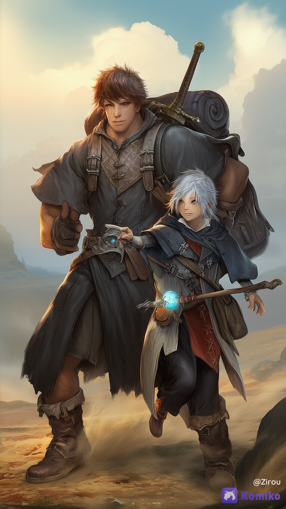 two male fantasy adventurers standing side by side, a warrior and a mage, traveling companions in isekai style, the warrior is a muscular young man with short messy brown hair, wearing practical leather armor mixed with metal plates, a long dark cloak, travel boots, a large backpack, and a sword on his back, the mage is a slender young man with longer silver hair, wearing a layered travel robe with hood, leather straps, a staff in hand, a small satchel, and arcane accessories, both wearing worn but well-maintained travel gear, dust on boots, realistic fabric textures, dynamic poses looking into the distance, fantasy RPG illustration, clothing, cinematic lighting, highly