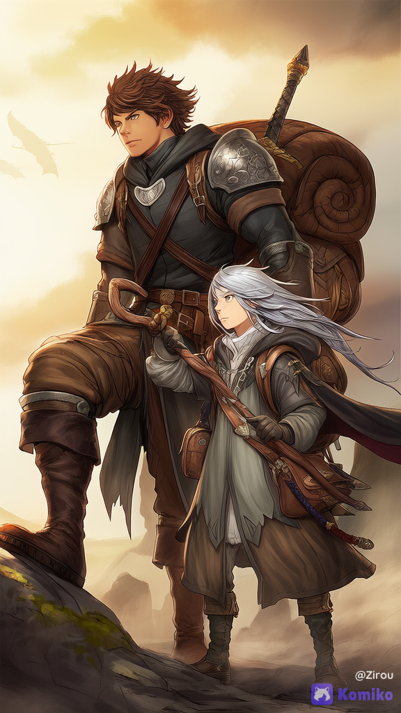 two male fantasy adventurers standing side by side, a warrior and a mage, traveling companions in isekai style, the warrior is a muscular young man with short messy brown hair, wearing practical leather armor mixed with metal plates, a long dark cloak, travel boots, a large backpack, and a sword on his back, the mage is a slender young man with longer silver hair, wearing a layered travel robe with hood, leather straps, a staff in hand, a small satchel, and arcane accessories, both wearing worn but well-maintained travel gear, dust on boots, realistic fabric textures, dynamic poses looking into the distance, fantasy RPG illustration, clothing, cinematic lighting, highly
