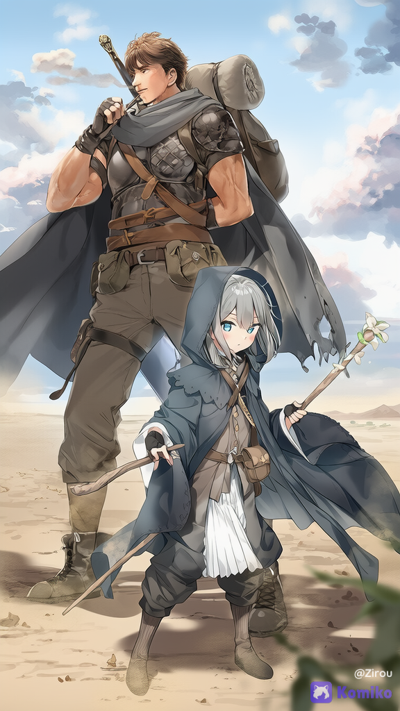 two male fantasy adventurers standing side by side, a warrior and a mage, traveling companions in isekai style, the warrior is a muscular young man with short messy brown hair, wearing practical leather armor mixed with metal plates, a long dark cloak, travel boots, a large backpack, and a sword on his back, the mage is a slender young man with longer silver hair, wearing a layered travel robe with hood, leather straps, a staff in hand, a small satchel, and arcane accessories, both wearing worn but well-maintained travel gear, dust on boots, realistic fabric textures, dynamic poses looking into the distance, fantasy RPG illustration, clothing, cinematic lighting, highly, [sweet-lightnovel-style]