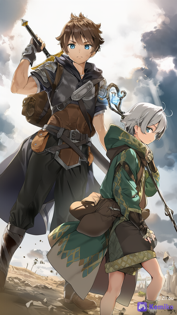 two male fantasy adventurers standing side by side, a warrior and a mage, traveling companions in isekai style, the warrior is a muscular young man with short messy brown hair, wearing practical leather armor mixed with metal plates, a long dark cloak, travel boots, a large backpack, and a sword on his back, the mage is a slender young man with longer silver hair, wearing a layered travel robe with hood, leather straps, a staff in hand, a small satchel, and arcane accessories, both wearing worn but well-maintained travel gear, dust on boots, realistic fabric textures, dynamic poses looking into the distance, fantasy RPG illustration, clothing, cinematic lighting, highly, [sweet-lightnovel-style]