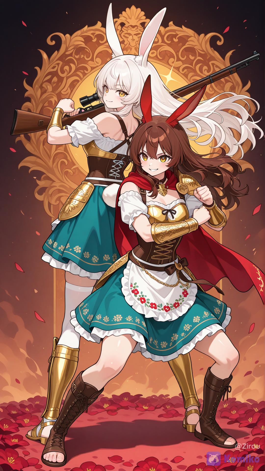 An anime-style illustration depicting two young women standing back-to-back in a combat stance, exuding a dangerous aura while wearing confident smiles. Character in the background: A human girl with long, wavy brown hair and amber eyes, dressed as a sniper in traditional Bavarian *dirndl* folk attire and holding an ornate, gold-carved antique wooden rifle. Her outfit consists of a white off-shoulder blouse with ruffled sleeves, a brown lace-up corset, a teal skirt and white apron featuring intricate gold floral embroidery and red flower accents, white stockings, and brown lace-up heeled boots adorned with red flowers. Character in the foreground: A gladiator girl with the head of a rabbit, featuring short, tousled white hair and large, upright white rabbit ears. She has a pure white rabbit face, sharp red eyes, a small white tail, and a muscular, toned physique. She wears gleaming gold Roman gladiator armor—including an intricate breastplate, shoulder guards, a segmented metal skirt, a flowing red cape, and gold arm and shin guards—along with brown strappy sandals, and holds one fist clenched in a boxing stance. A high-quality anime-style illustration featuring high definition, vivid colors, and clean line art.