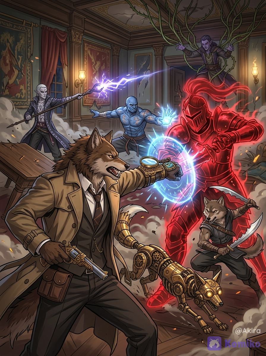 Crea una imagen de un hombre lobo joven, masculino, de aproximadamente 20 años de edad, MUY ESPONJOSITO, que mida 1.70m de altura y sea un detective. Su pelaje debe ser castaño. Este lobo detective y "artificer" debe estar dentro de una mansión, peleando contra una armadura fantasma de color escarlata junto con sus compañeros que son (un zorro mechanical companion cuadrupedo, otro hombre lobo masculino "rogue" pero de baja altura y que tiene dos simitarras, un "wizard", masculino, elfo oscuro de piel pálida, un goliath, masculino, "monk" de piel azul, y otro elfo, también masculino, oscuro "druida" de piel moradesca. TODOS LOS PERSONAJES SON HOMBRES